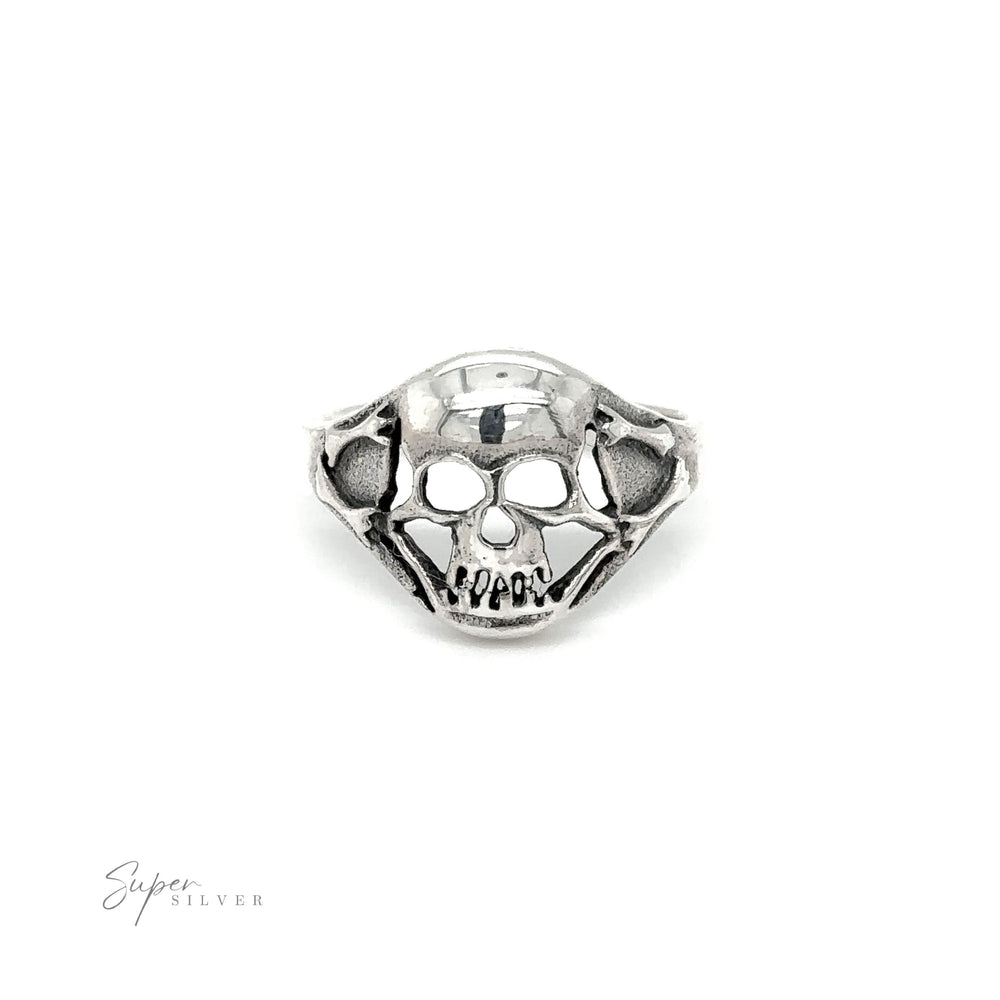 A gothic silver Smaller Skull Ring on a white background.