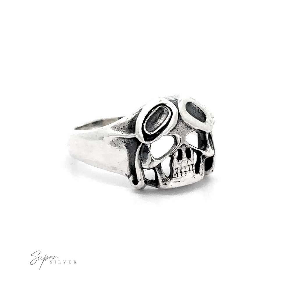 
                  
                    A Aviator Silver Skull Ring with black accents displayed against a white background.
                  
                