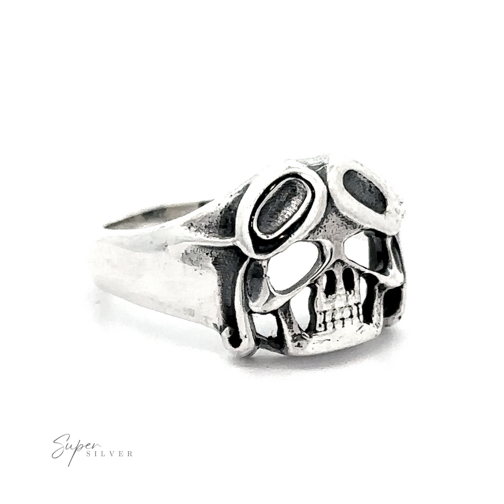 .925 Sterling Silver Aviator Silver Skull Ring on a white background.