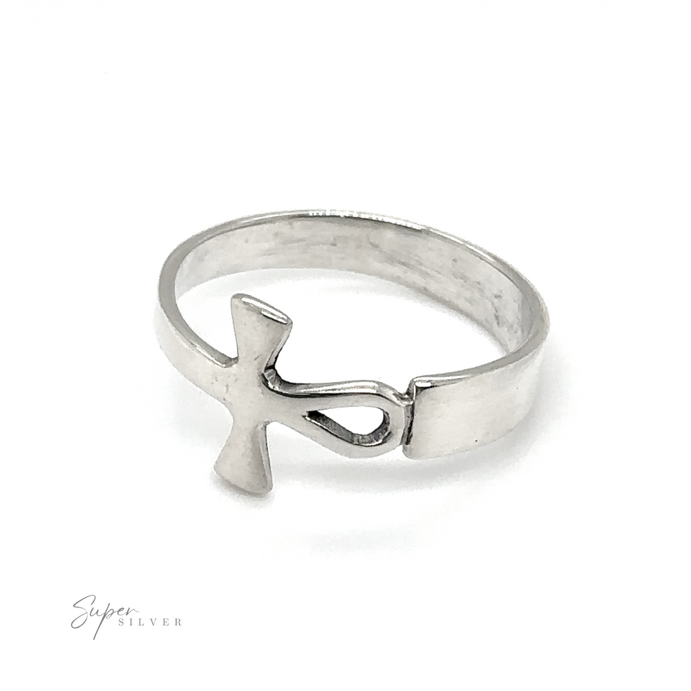 An eternal style Sideways Connecting Ankh Ring with a minimalist design featuring a cross.