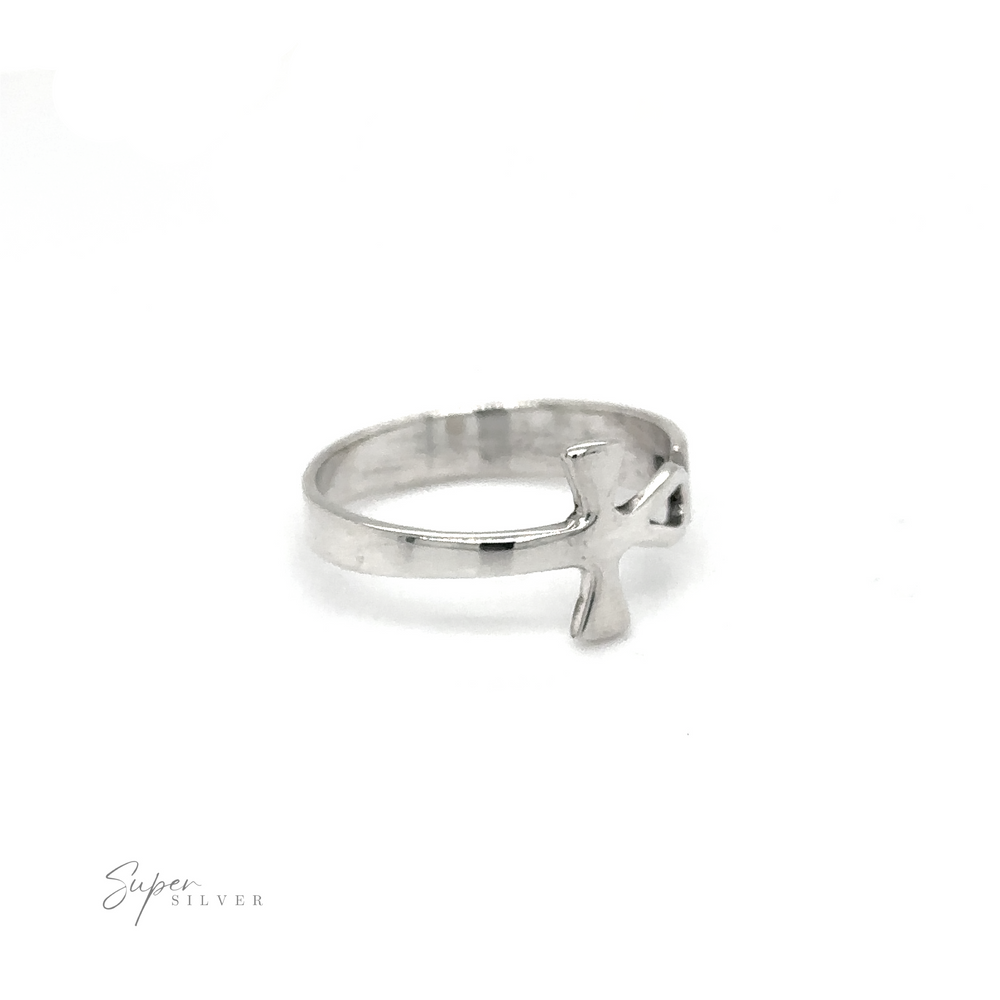 
                  
                    A minimalist design Sideways Connecting Ankh Ring with a cross on it, incorporating eternal style.
                  
                