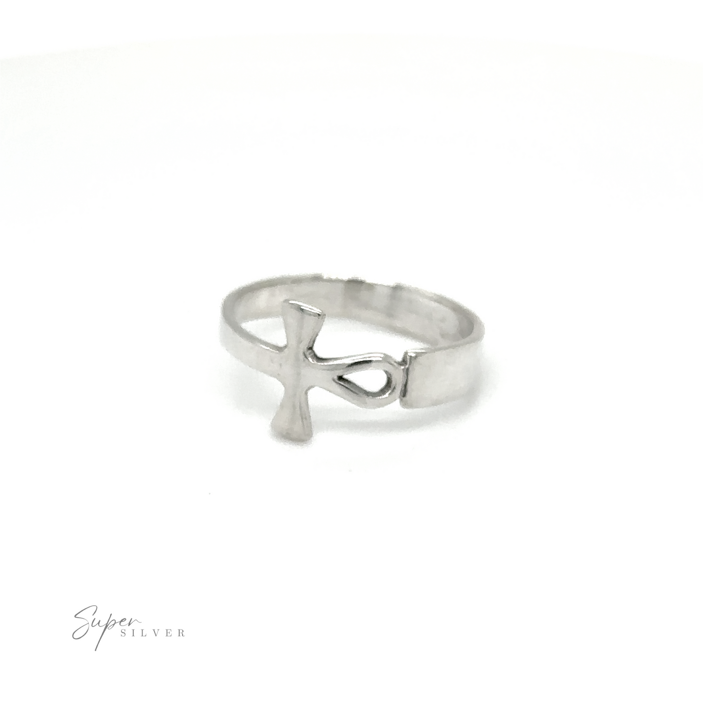 A silver Sideways Connecting Ankh ring with a minimalist design and eternal style.