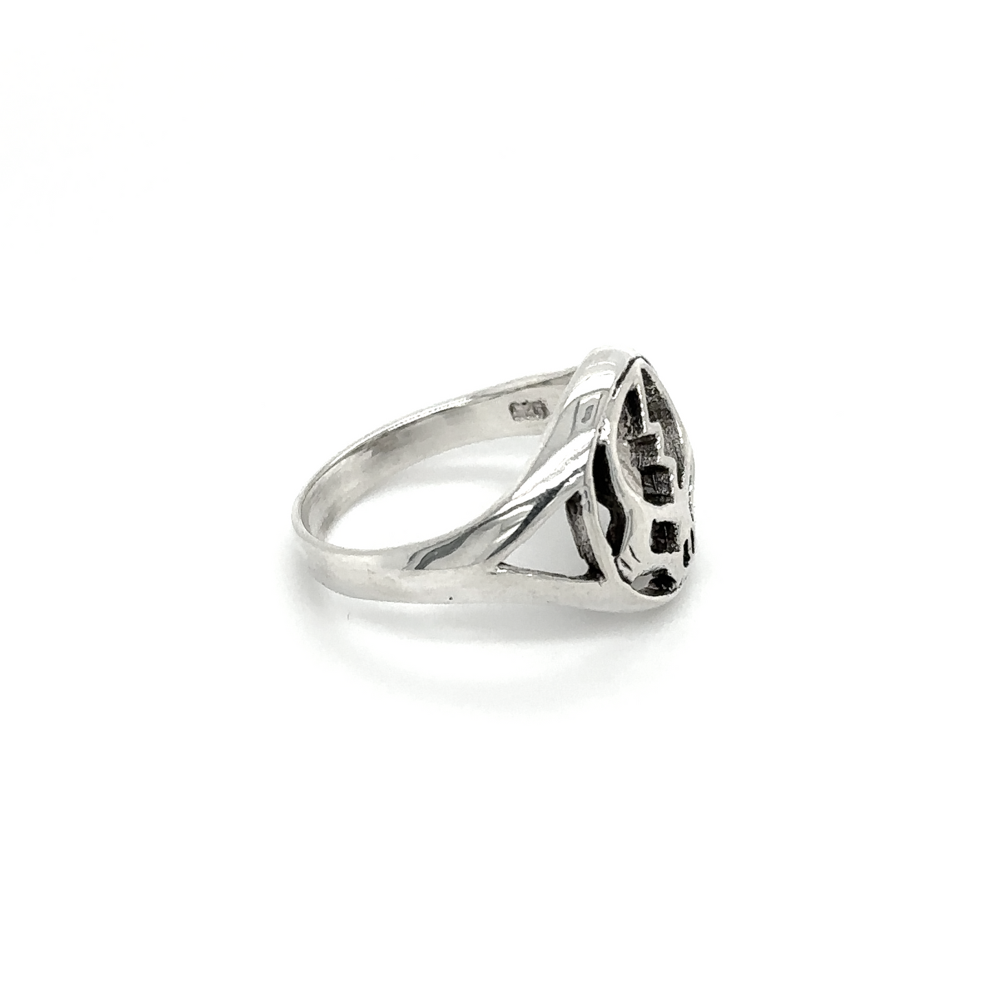 
                  
                    An Outlined Skull Ring with Lightning Bolt inspired silver ring with a diamond in the middle.
                  
                