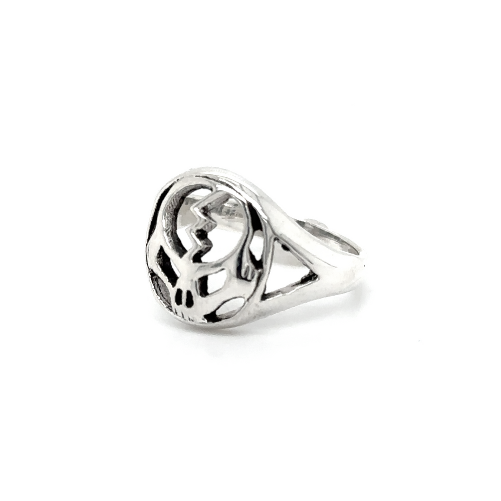A Outlined Skull Ring with Lightning Bolt with a heart on it.