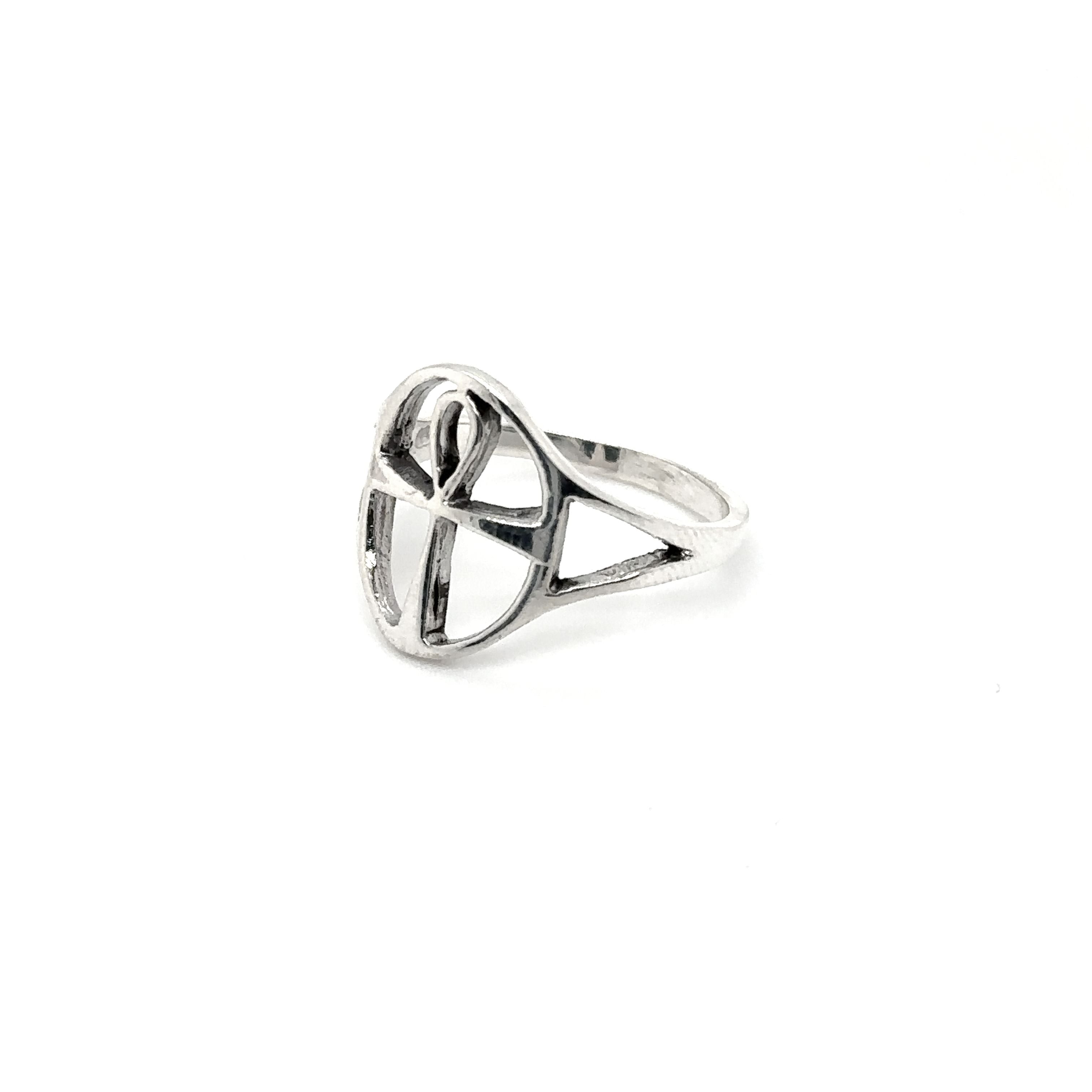 A Super Silver Outlined Ankh Ring, representing ancient wisdom and eternal life, engraved in the middle.