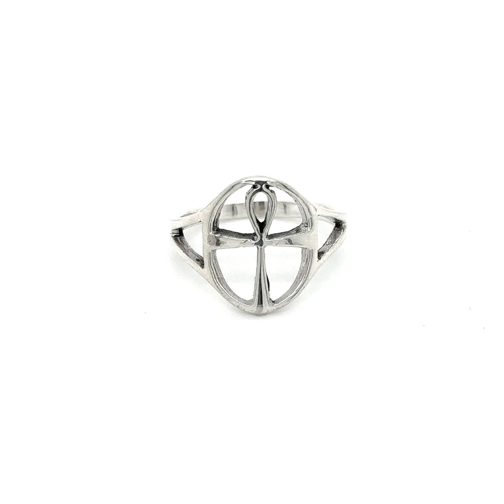 
                  
                    An ancient wisdom symbol, the Outlined Ankh Ring, displayed as a Super Silver Egyptian cross ring on a serene white background.
                  
                