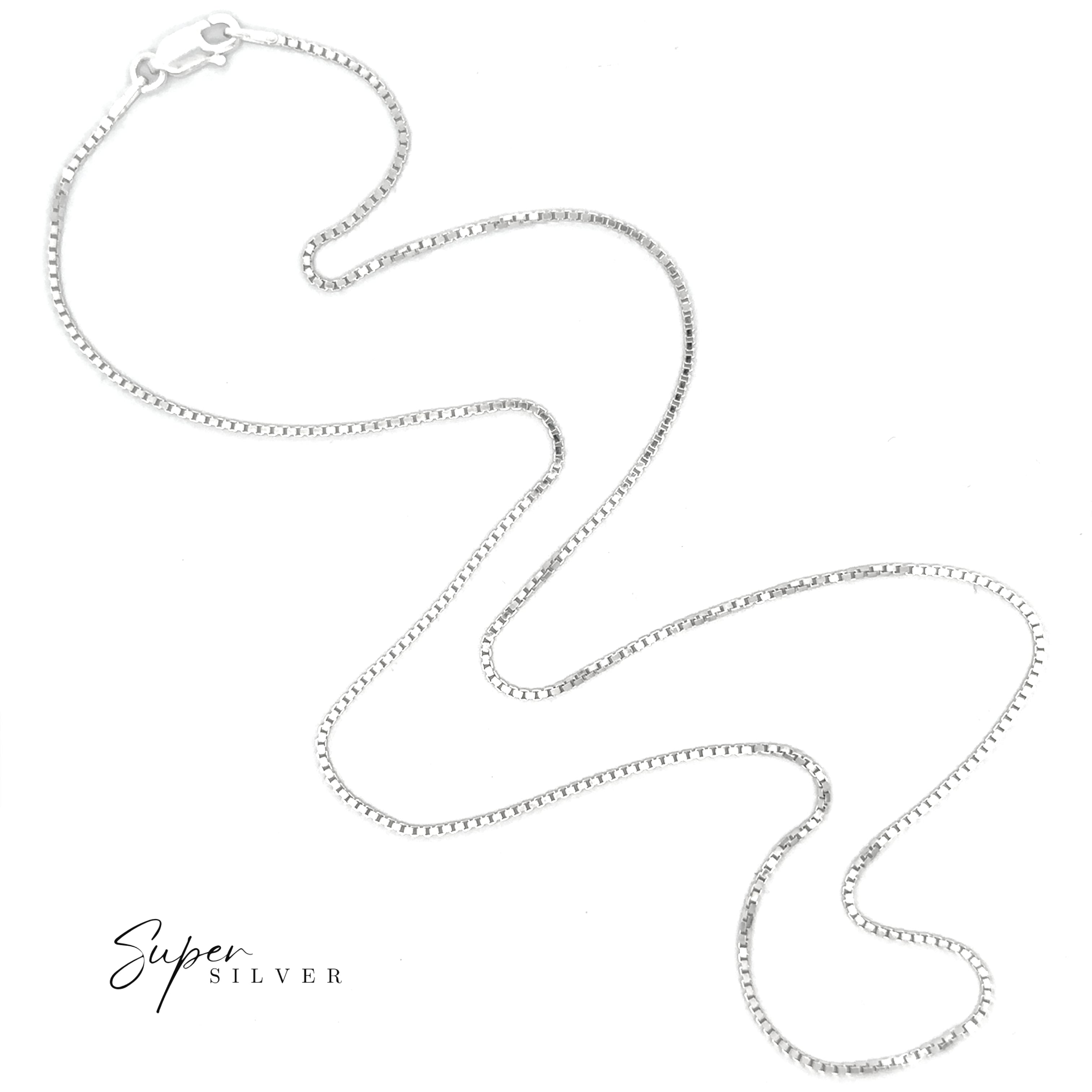 The Italian Edge Box Chain, a sleek sterling silver necklace with a lobster clasp, is shown on a white background with "Super Silver" in the bottom left corner.