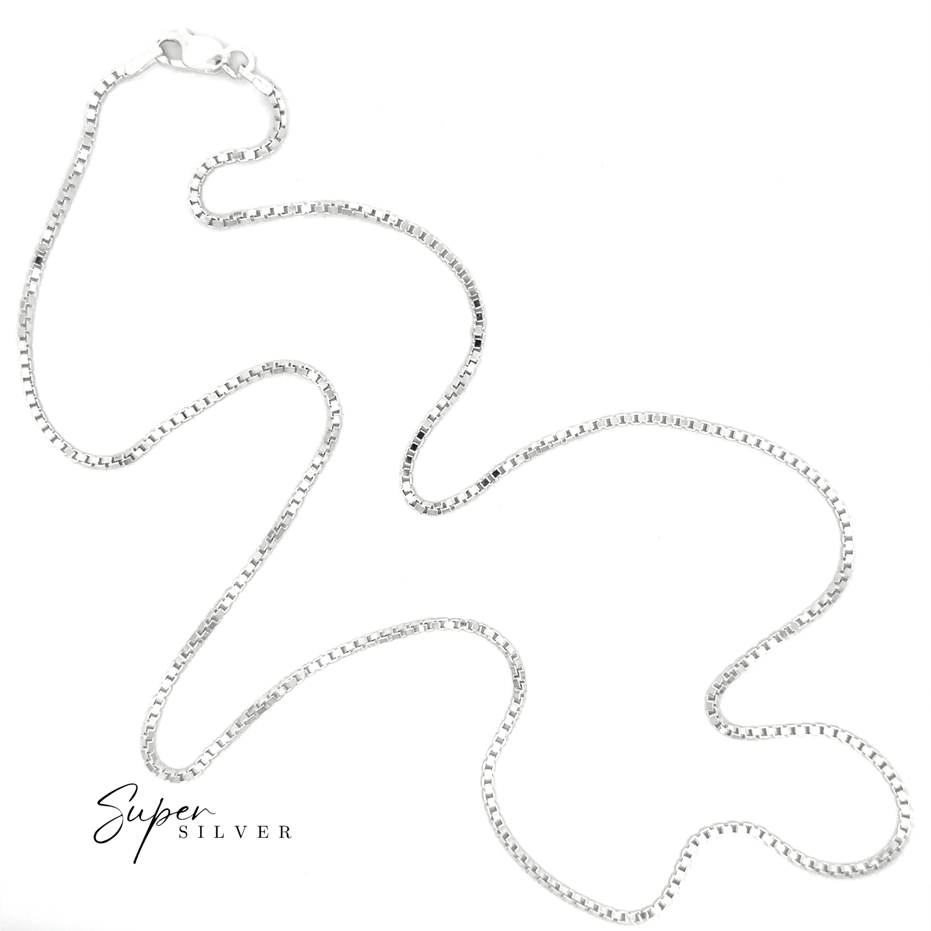 An Italian Edge Box Chain in sterling silver with a lobster clasp is displayed on a white background, featuring "Super Silver" text in the lower left corner.