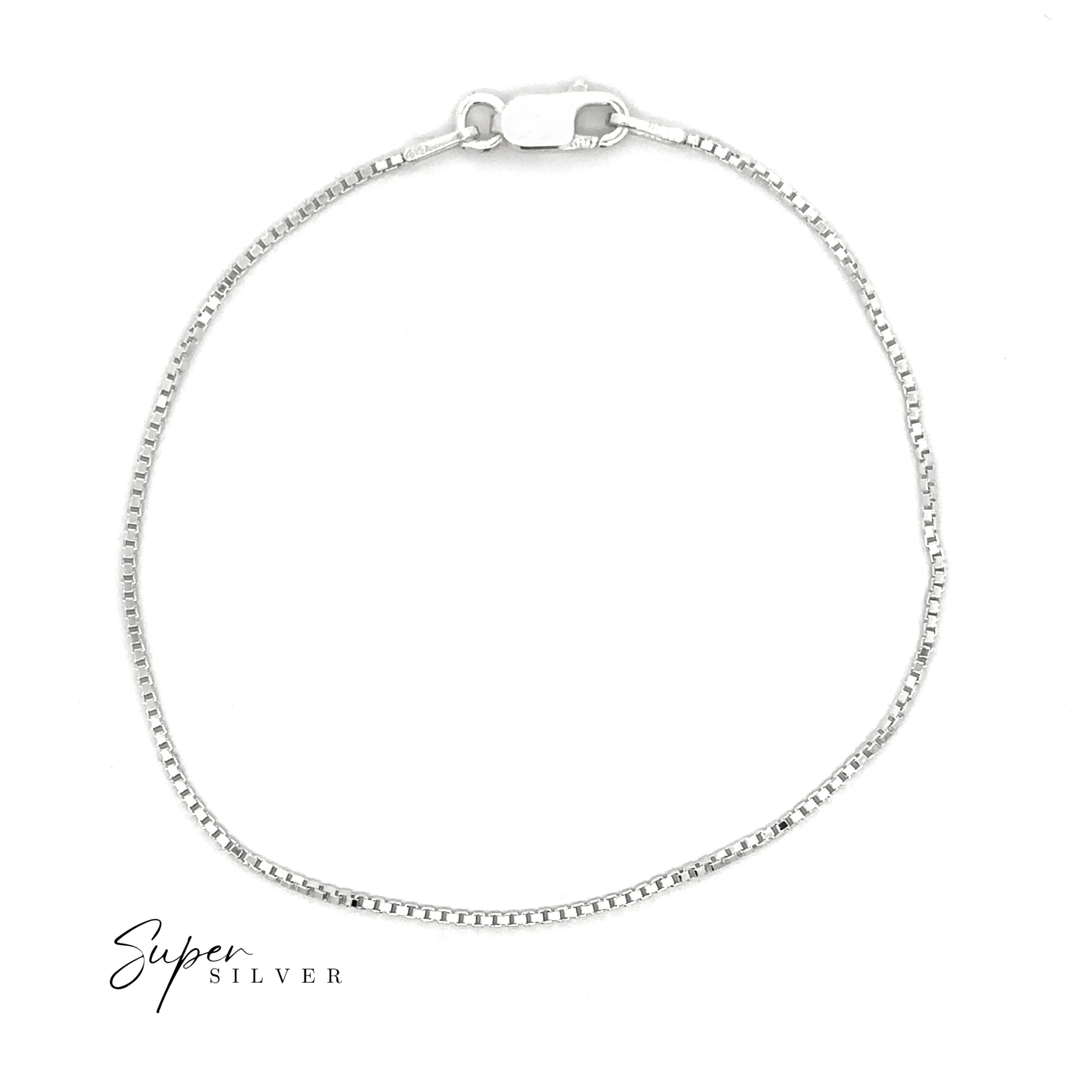 A Delicate Sterling Silver D/C Box Chain bracelet with a lobster clasp, shown on a white background. "Super Silver" appears in the bottom left corner.