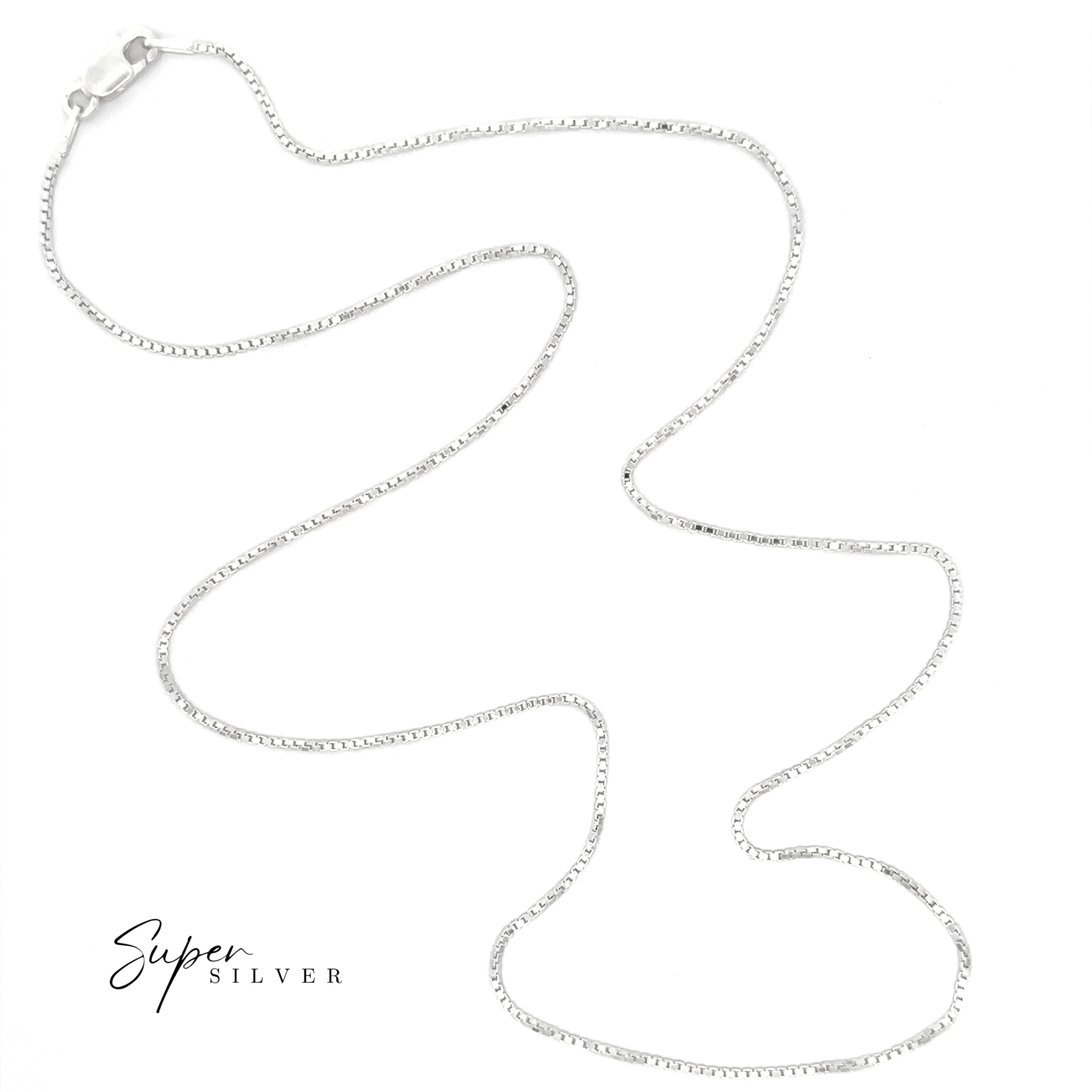 A Delicate Sterling Silver D/C Box Chain with Italian craftsmanship and a lobster clasp is displayed on a white background. "Super Silver" appears in the bottom left corner.