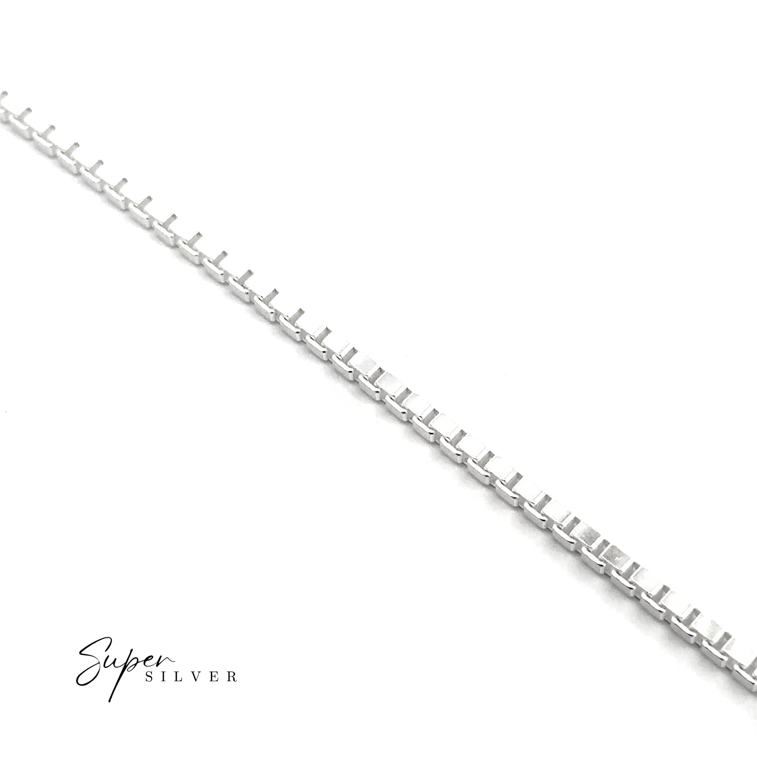 An Italian Titan Box Chain bracelet in sterling silver is shown diagonally on a white background, with "Super Silver" in the bottom left corner.