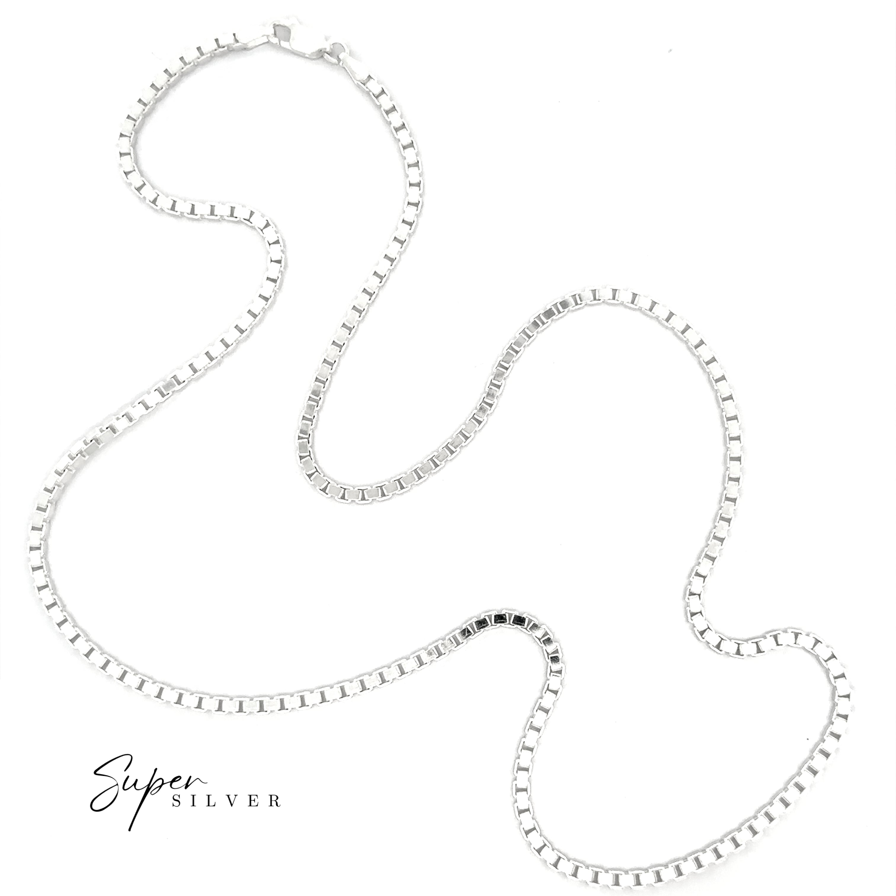 An Italian Titan Box Chain made of sterling silver is displayed on a white background, with "Super Silver" text in the bottom left corner.