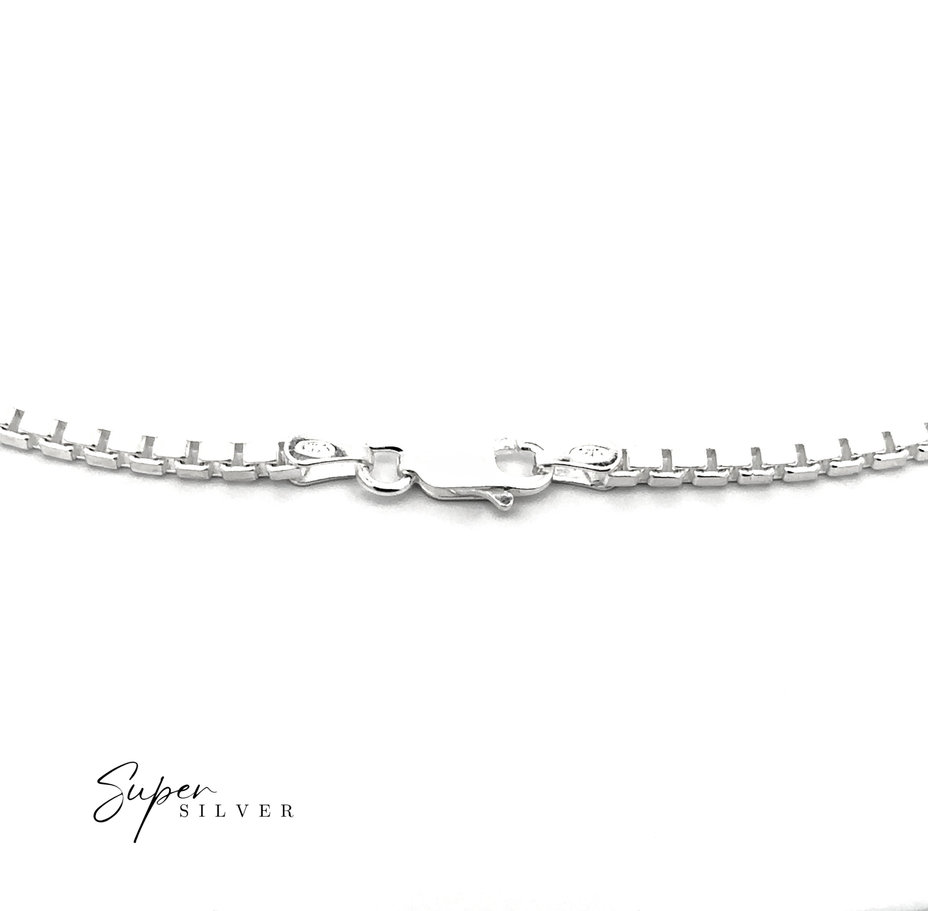 Close-up image of the Italian Titan Box Chain men's silver necklace with a lobster clasp, showcased on a white background. The "Super Silver" logo is visible in the bottom left corner.
