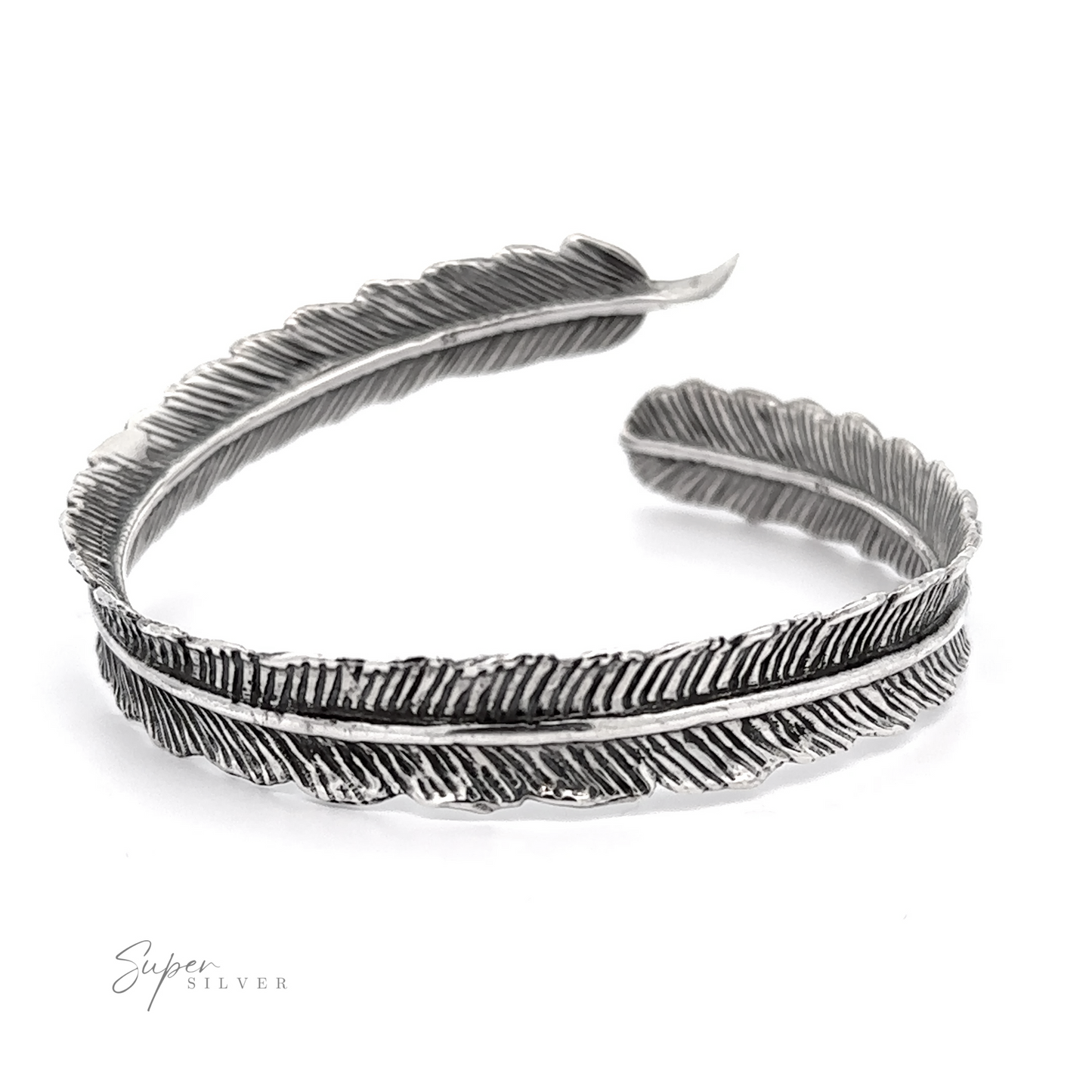 A .925 Sterling Silver Oxidized Feather Cuff Bracelet.