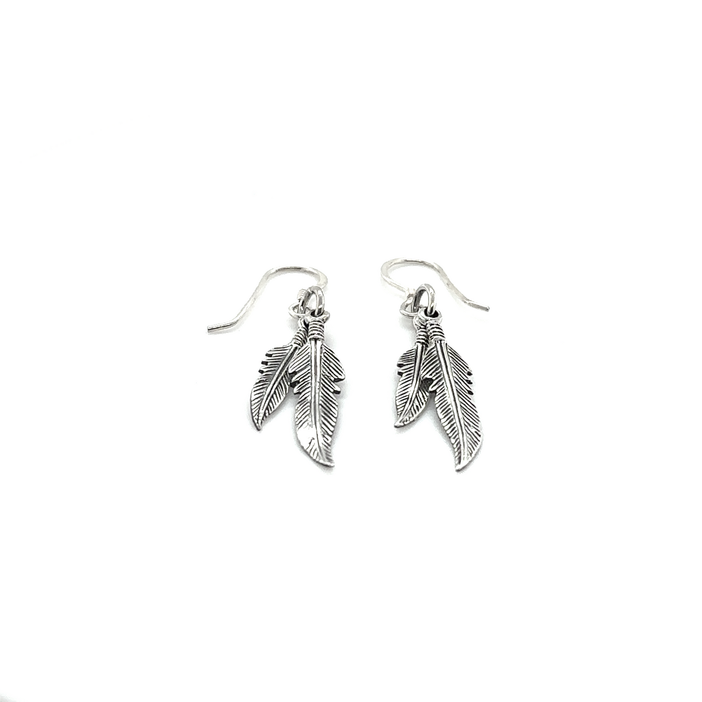 
                  
                    Super Silver's Double Feather Earrings, featuring french hooks, showcased on a clean white background.
                  
                