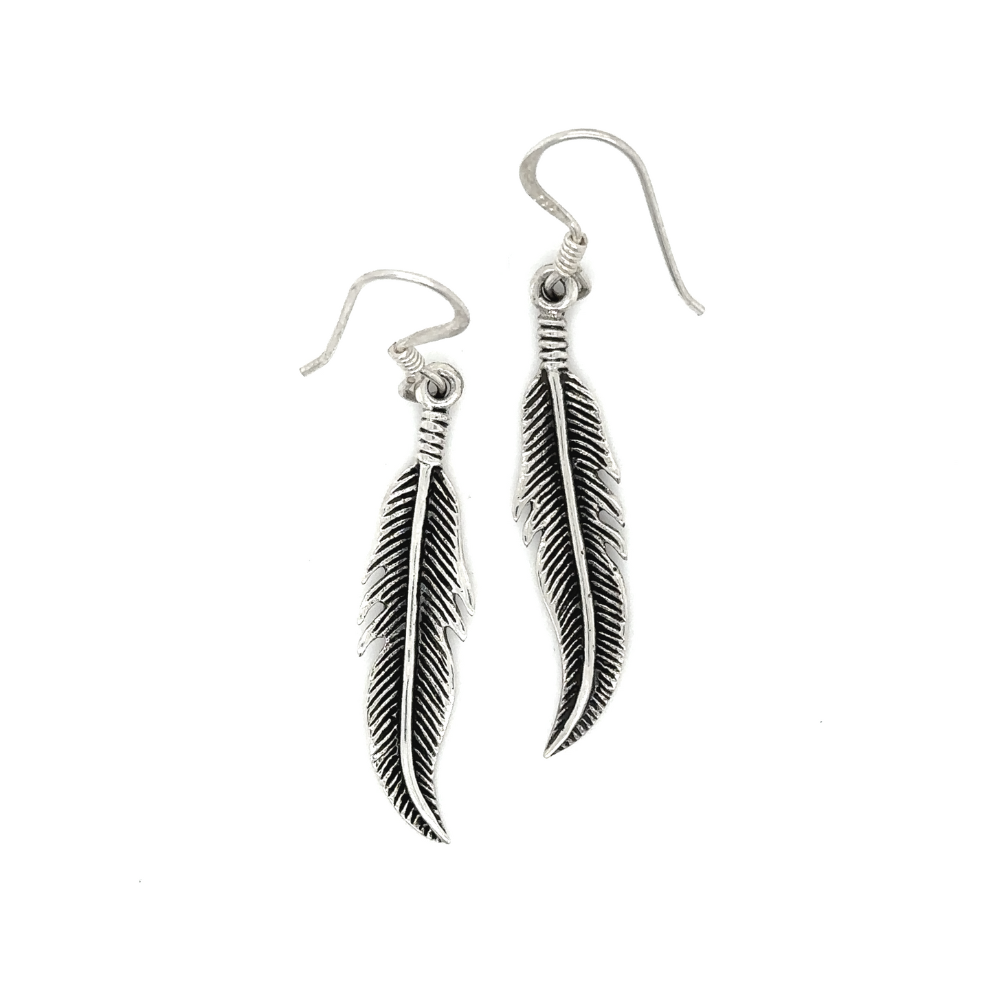 
                  
                    A cute pair of Super Silver Small Feather Earrings, perfect for everyday wear, on a white background.
                  
                
