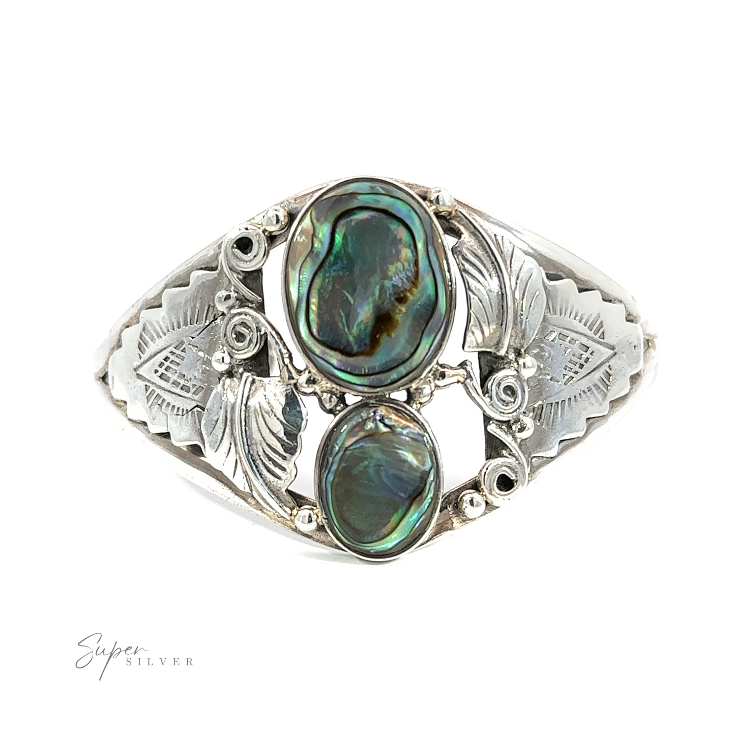 
                  
                    A sterling silver cuff bracelet adorned with an Abalone Two Ovals with Flowers Bracelet shell.
                  
                