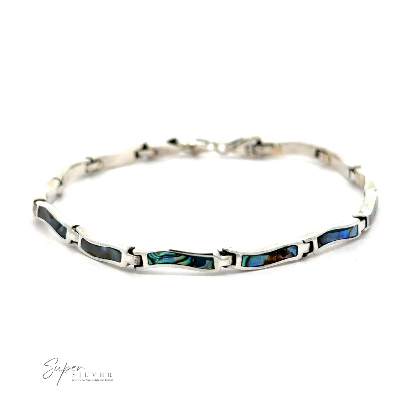 
                  
                    An Inlay Stone Curved Shaped Bracelet with rectangular segments adorned with abalone shell and featuring a clasp closure. The bracelet, showcased against a white background, shimmers with the iridescence unique to abalone.
                  
                