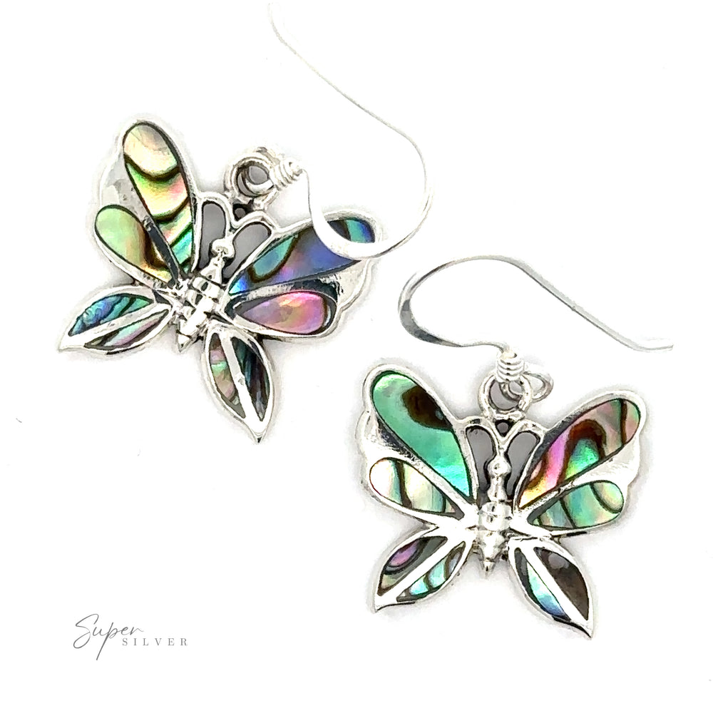 A pair of Abalone Butterfly Earrings with iridescent inlays, displayed on a white background.