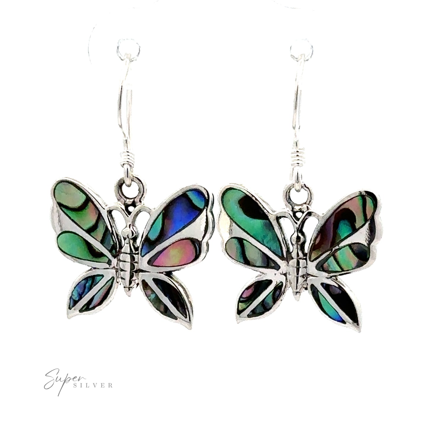 A pair of Abalone Butterfly Earrings with multicolored inlays and .925 Sterling Silver outlines, displayed against a white background.