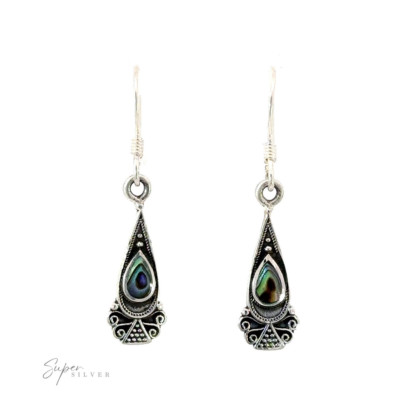 
                  
                    A pair of Bali Inspired Teardrop Shaped Earrings With Inlay Stones.
                  
                