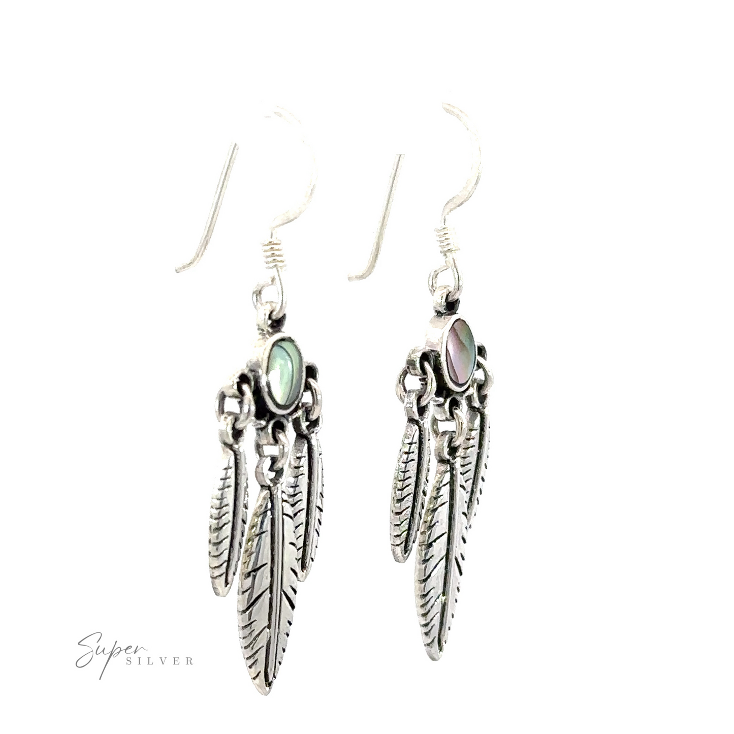 
                  
                    Pair of Western Inspired Earrings with Feather Dangles and Inlay Stones.
                  
                