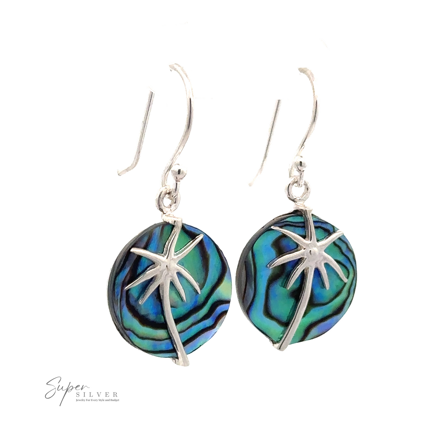 Stone Earrings with Silver Palm Tree featuring round abalone shell inlays and French hook ear wires.