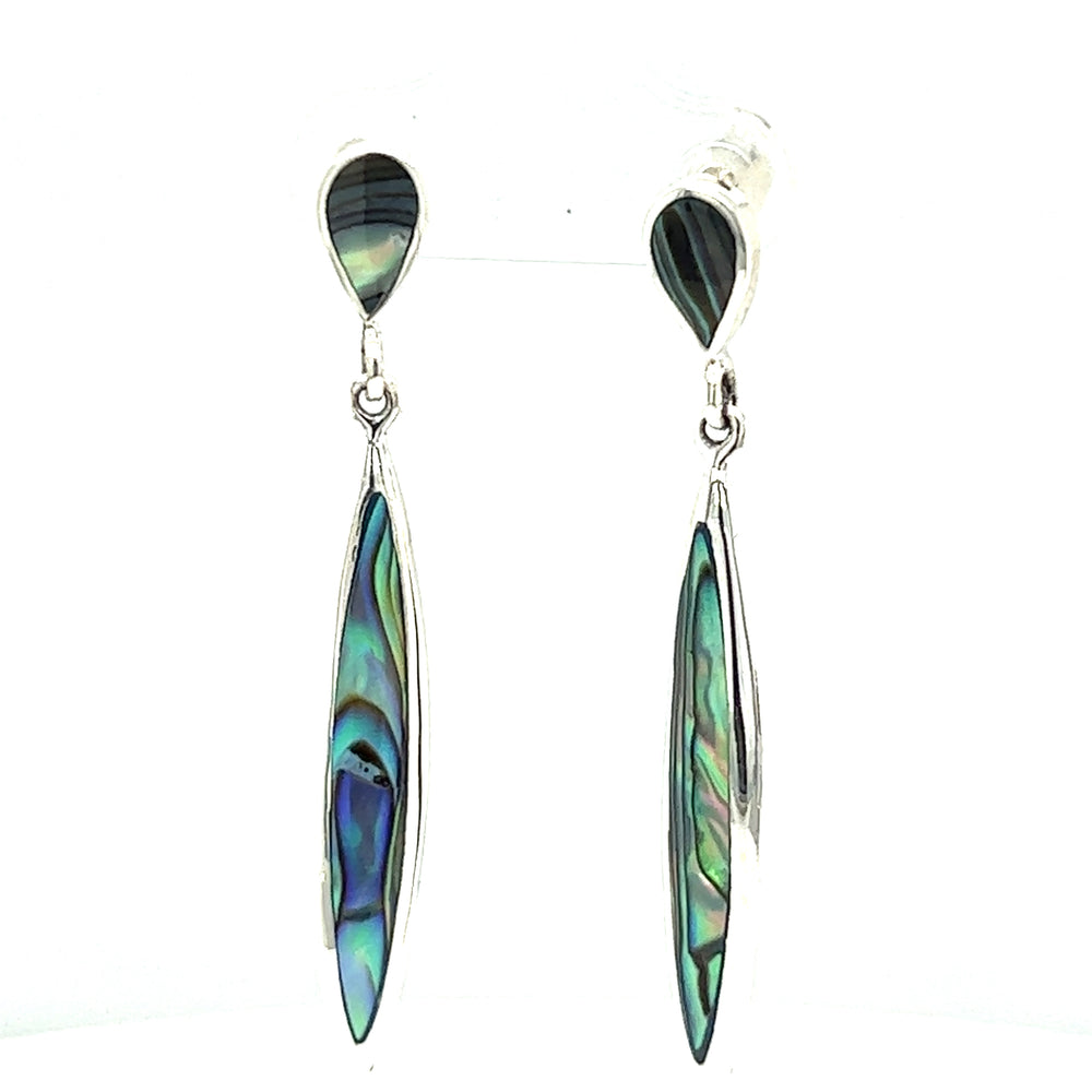 A pair of Super Silver Long Abalone Earrings with Post, showcasing the ocean's splendor and natural beauty.