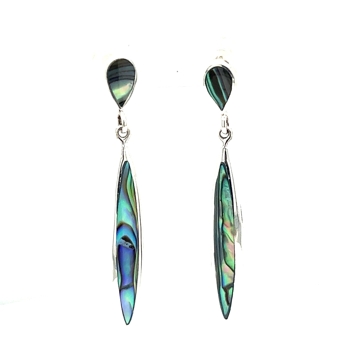 A pair of Super Silver Long Abalone Earrings with Post showcasing ocean's splendor on a white background, highlighting their natural beauty.