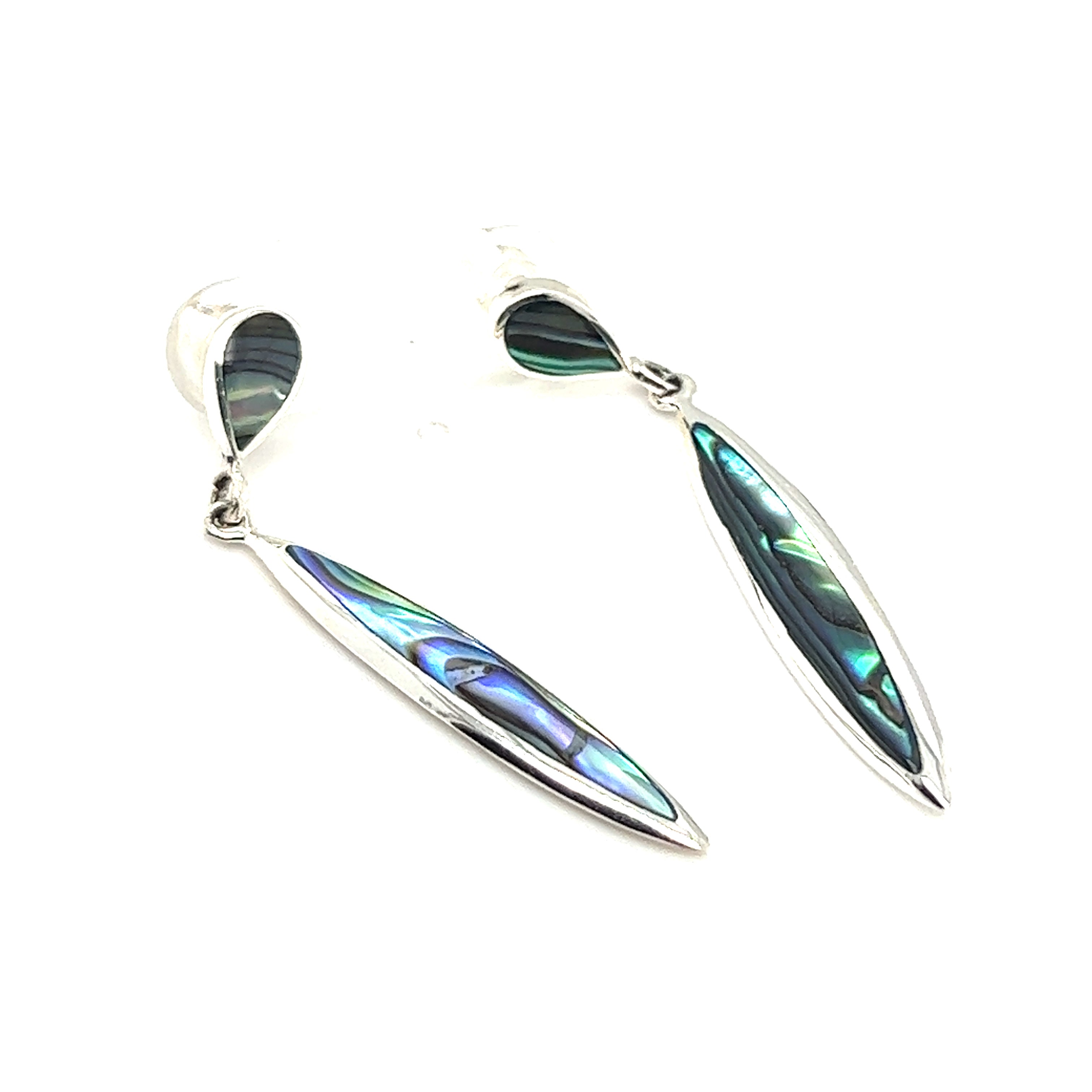 A stunning pair of Super Silver Long Abalone Earrings with Post, showcasing the natural beauty and ocean's splendor in sterling silver.