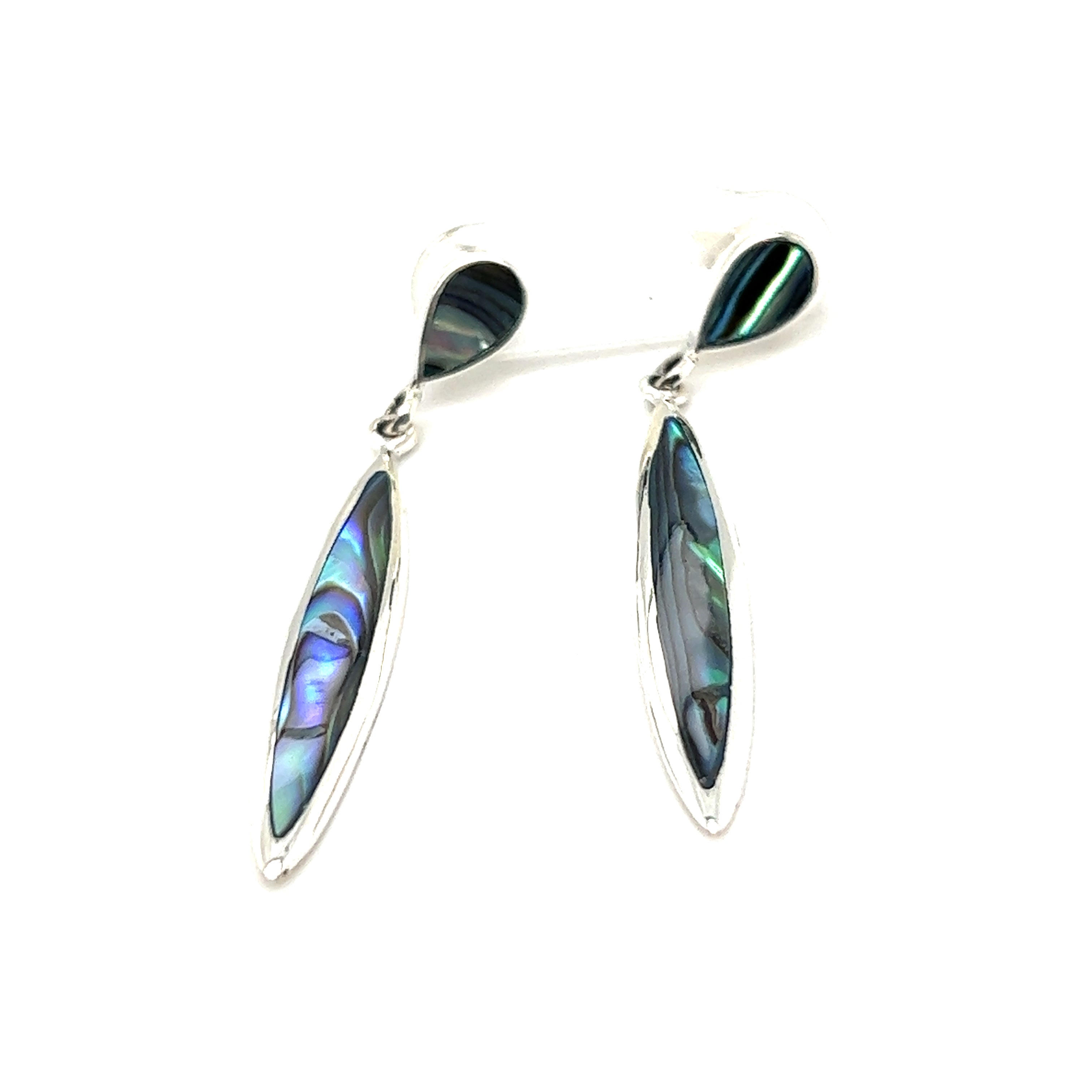 A pair of black and white Super Silver Long Abalone Earrings with Post showcasing the natural beauty and ocean's splendor.