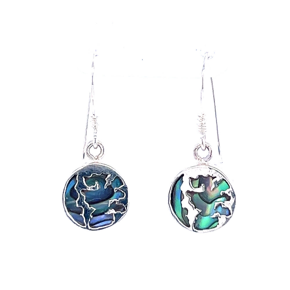 A pair of Super Silver Round Abalone Earrings with Overlay Design, showcasing the exquisite beauty of black and white design.