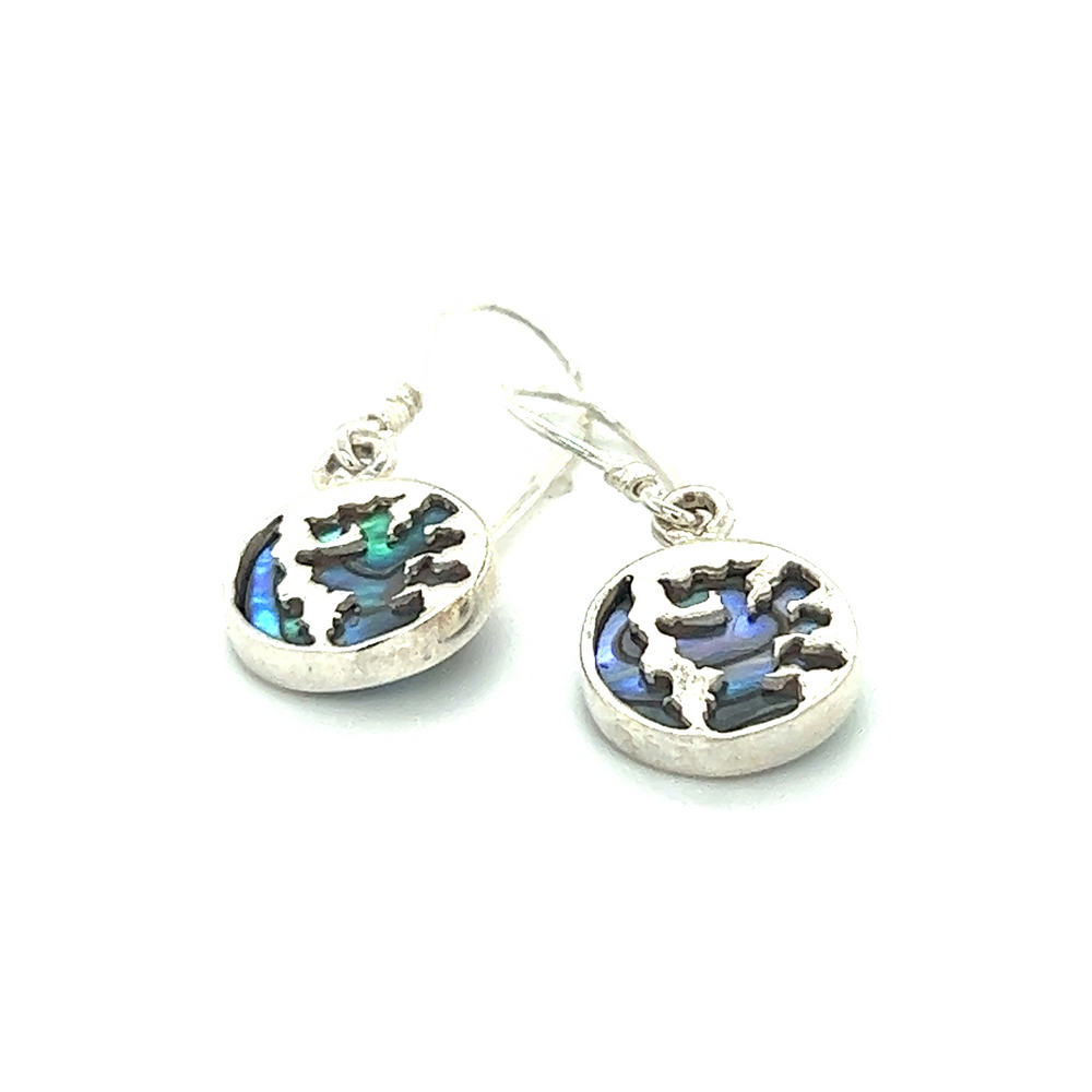Beautiful Super Silver Round Abalone Earrings with Overlay Design.