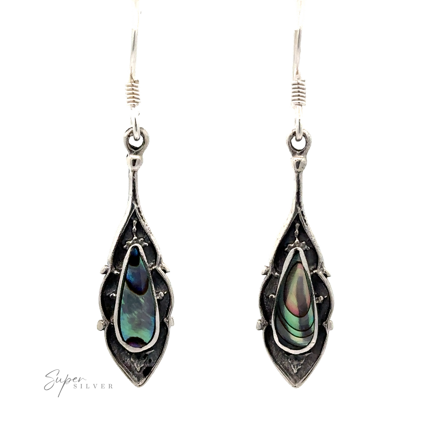 
                  
                    A pair of Teardrop Shape Inlaid Earrings, featuring intricate detailing around the edges and an oxidized finish for added depth.
                  
                