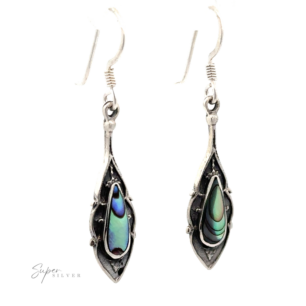 A pair of Teardrop Shape Inlaid Earrings with intricate patterns and iridescent stones in a teardrop shape, displayed against a white background.