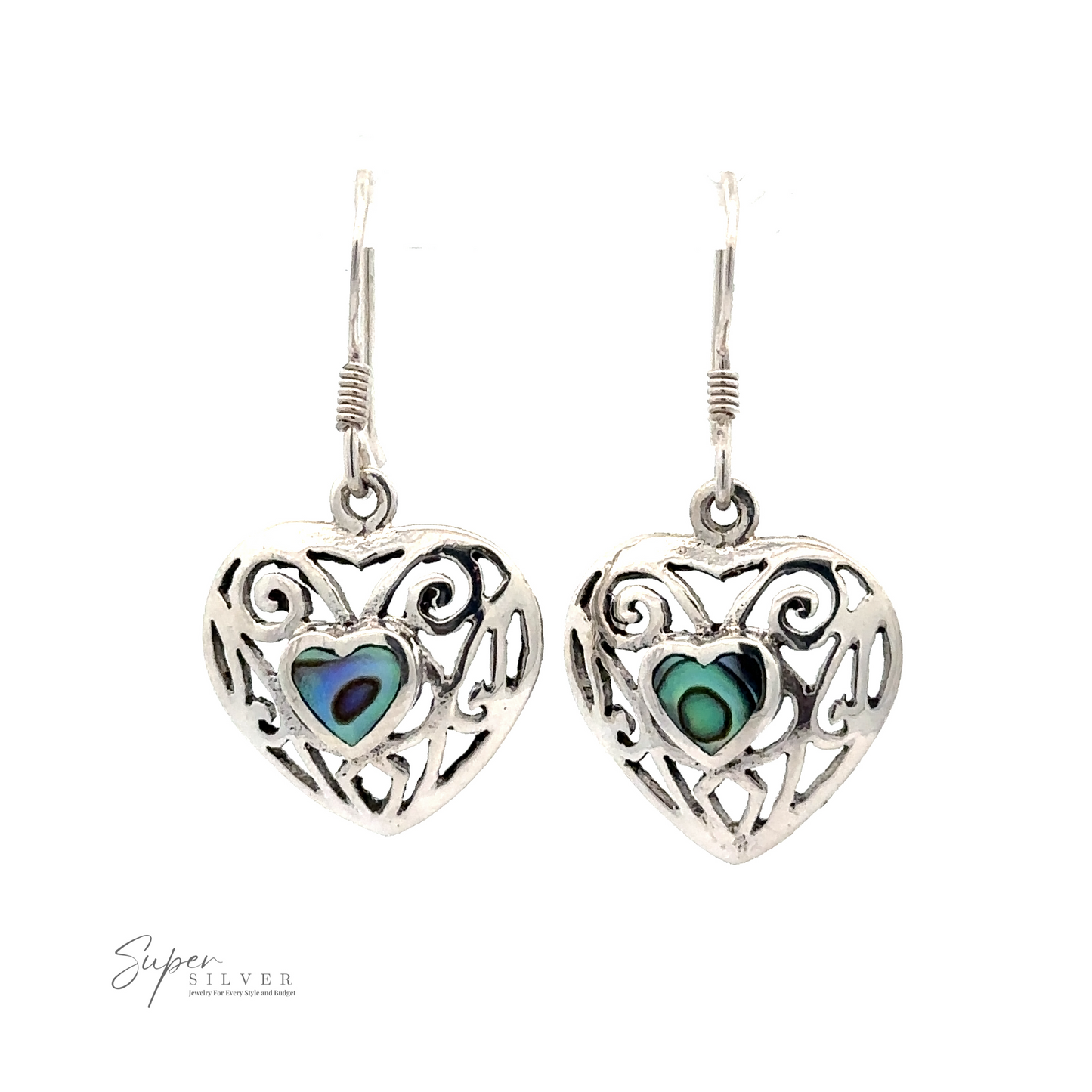 Silver heart-shaped earrings with intricate designs, featuring small iridescent heart-shaped Abalone inlays at the center. The name "Elegant Heart Shaped Abalone Earrings" is visible in the bottom left corner.