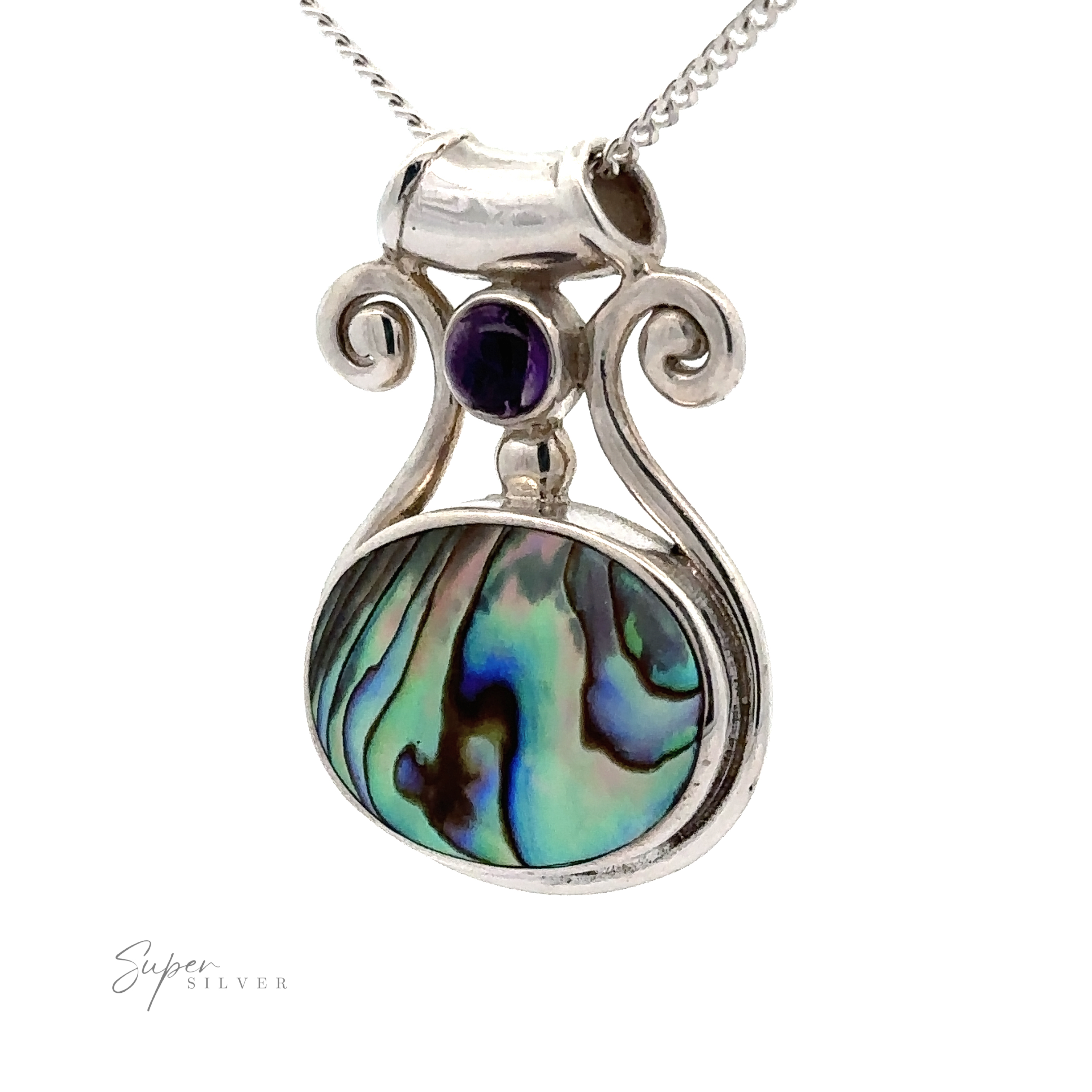 The Abalone and Amethyst Pendant showcases an oval abalone shell, a round purple amethyst, and decorative scrollwork—an elegant sterling silver necklace perfect for Bohemian style.