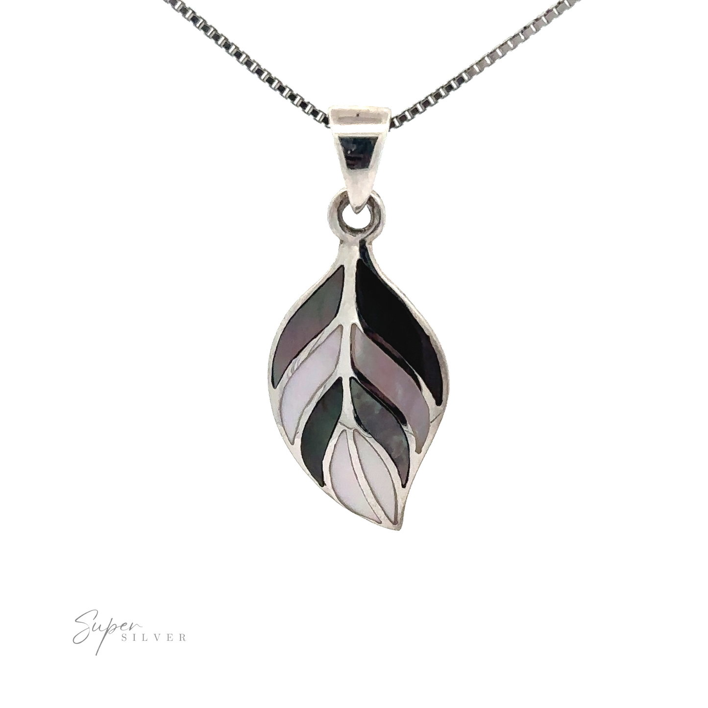 
                  
                    Stone Inlaid Leaf Pendant, featuring segments of black, white, and soft pink inlay. The image has a white background with the text "Super Silver" in the lower left corner.
                  
                