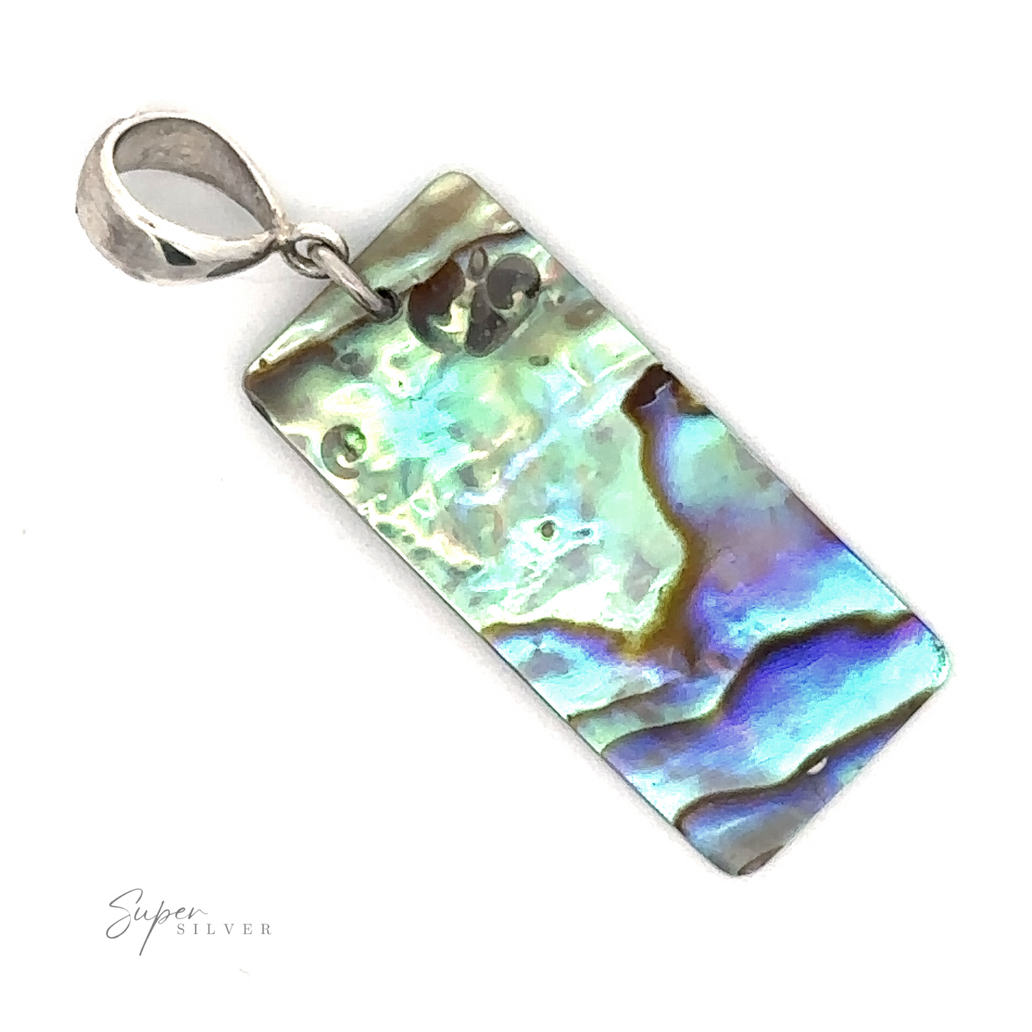 
                  
                    A Rectangular Abalone Slab Pendant with a silver loop for attaching to a chain. The shell displays iridescent shades of green, blue, and purple, believed to possess healing properties.
                  
                