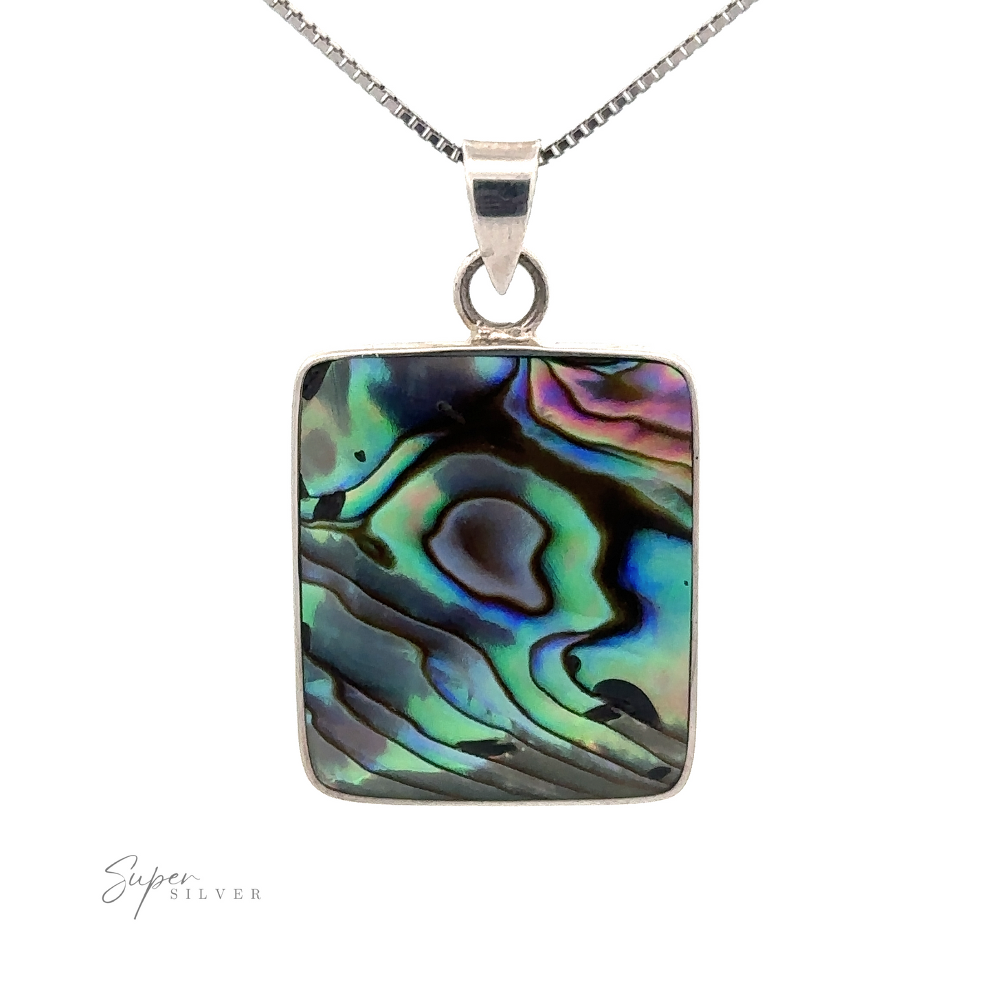 
                  
                    The Square Abalone Pendant features a striking shell design in shades of green, blue, and purple. It gracefully hangs on a Sterling Silver chain, exuding beachy charm and adding an oceanic splash of color to any outfit.
                  
                