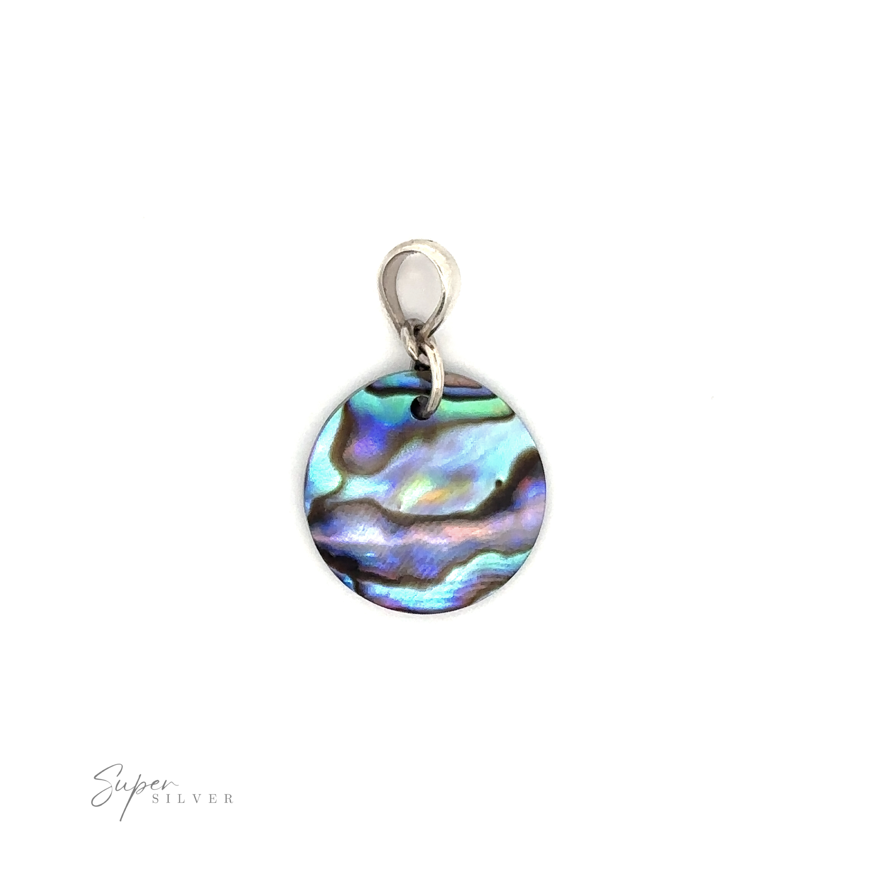 A Charming Abalone Pendant with a .925 Sterling Silver loop, displaying iridescent blue, green, and purple hues against a plain white background. "Super Silver" branding is visible in the bottom left corner.