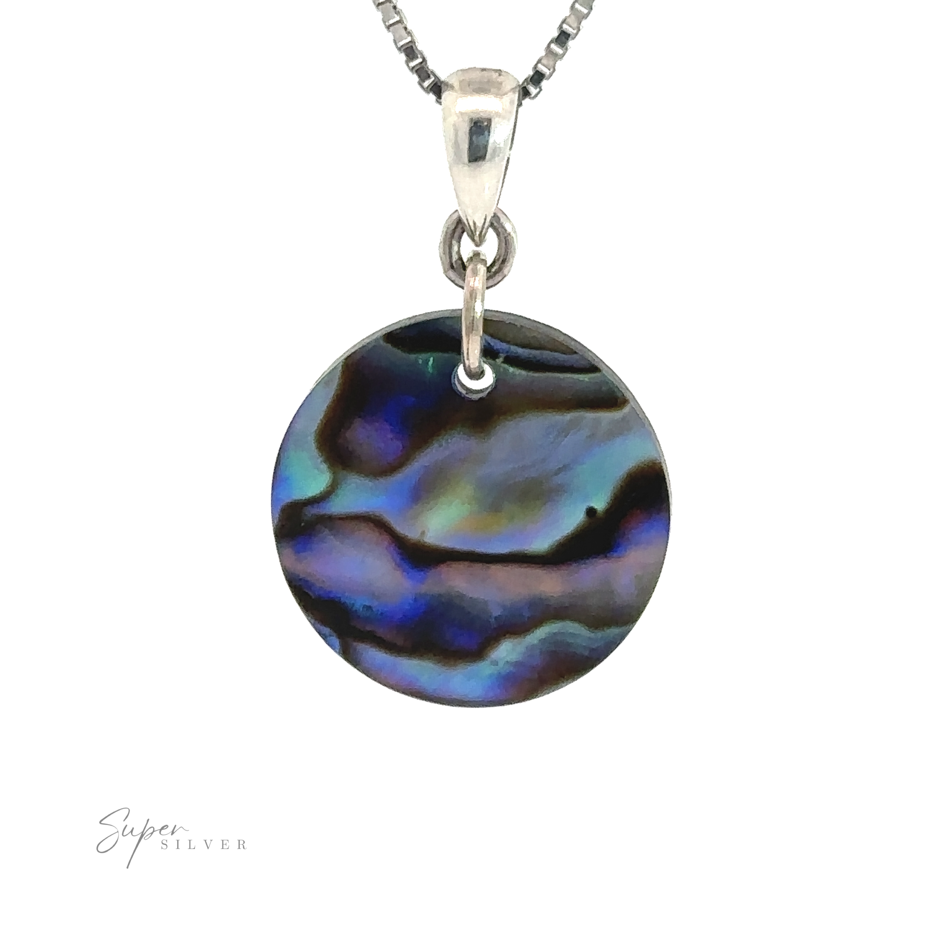 A stunning Charming Abalone Pendant with a round shell design, showcasing iridescent blue and green hues, elegantly hangs on a sterling silver chain. This exquisite piece not only dazzles but is also believed to offer healing properties.