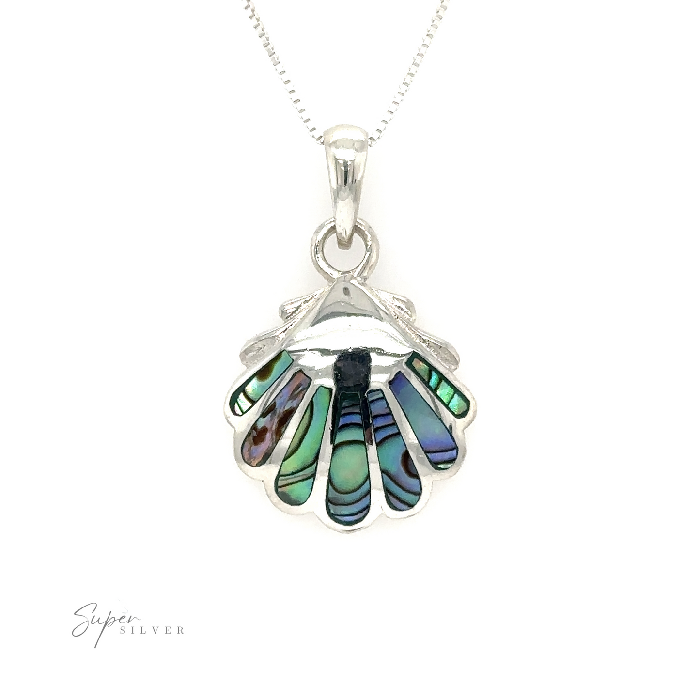 A clam shell pendant with an abalone shell on a silver chain.