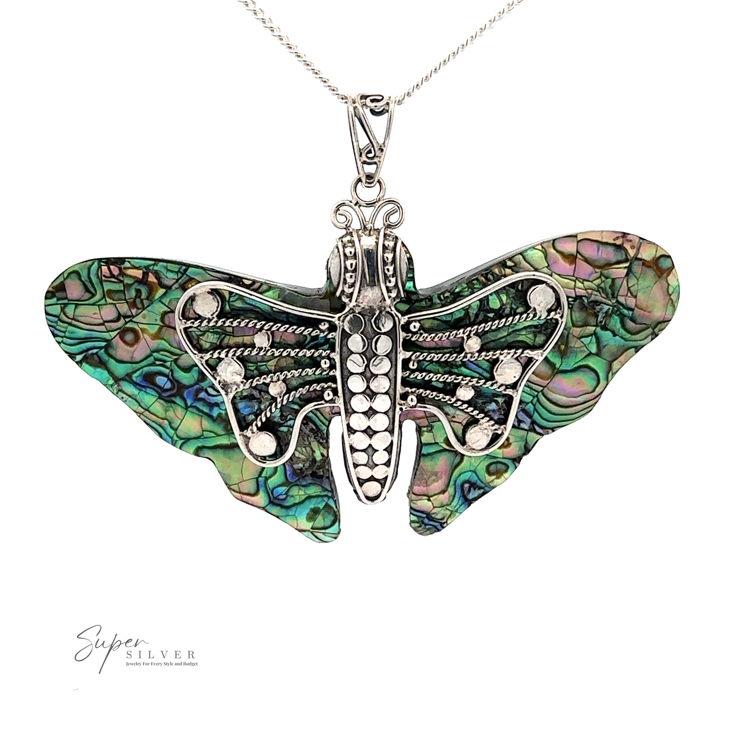 
                  
                    A Large Abalone Butterfly Pendant with intricate metallic detailing and vibrant, iridescent green and purple wings. The sterling silver chain is also visible. The brand name "Super Silver" is printed in the bottom left corner.
                  
                