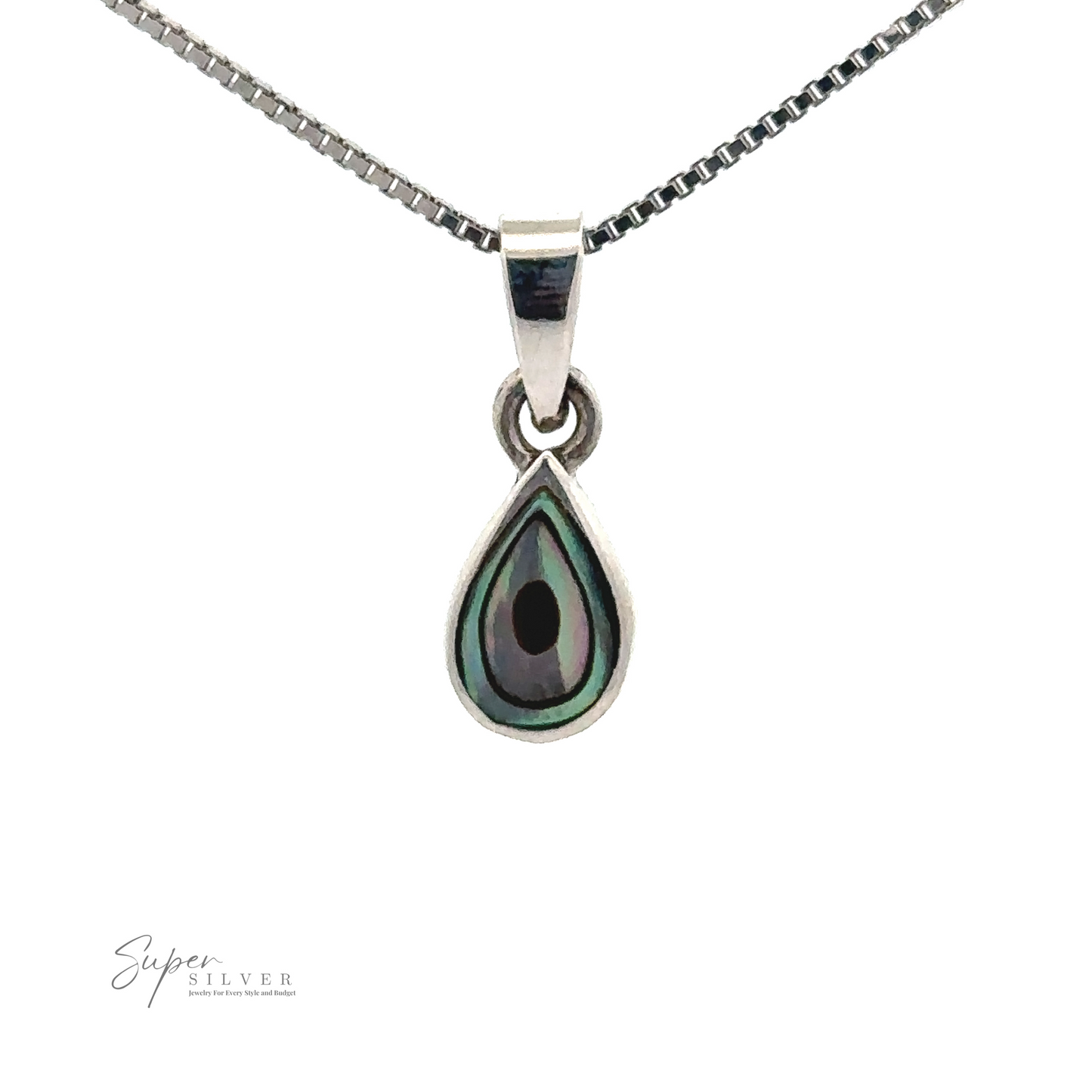 
                  
                    A Tiny Inlay Teardrop Pendant with an iridescent design hangs from a silver chain necklace. The sterling silver pendant features shades of green and black. Logo text "Super Silver" is visible in the lower-left corner.
                  
                