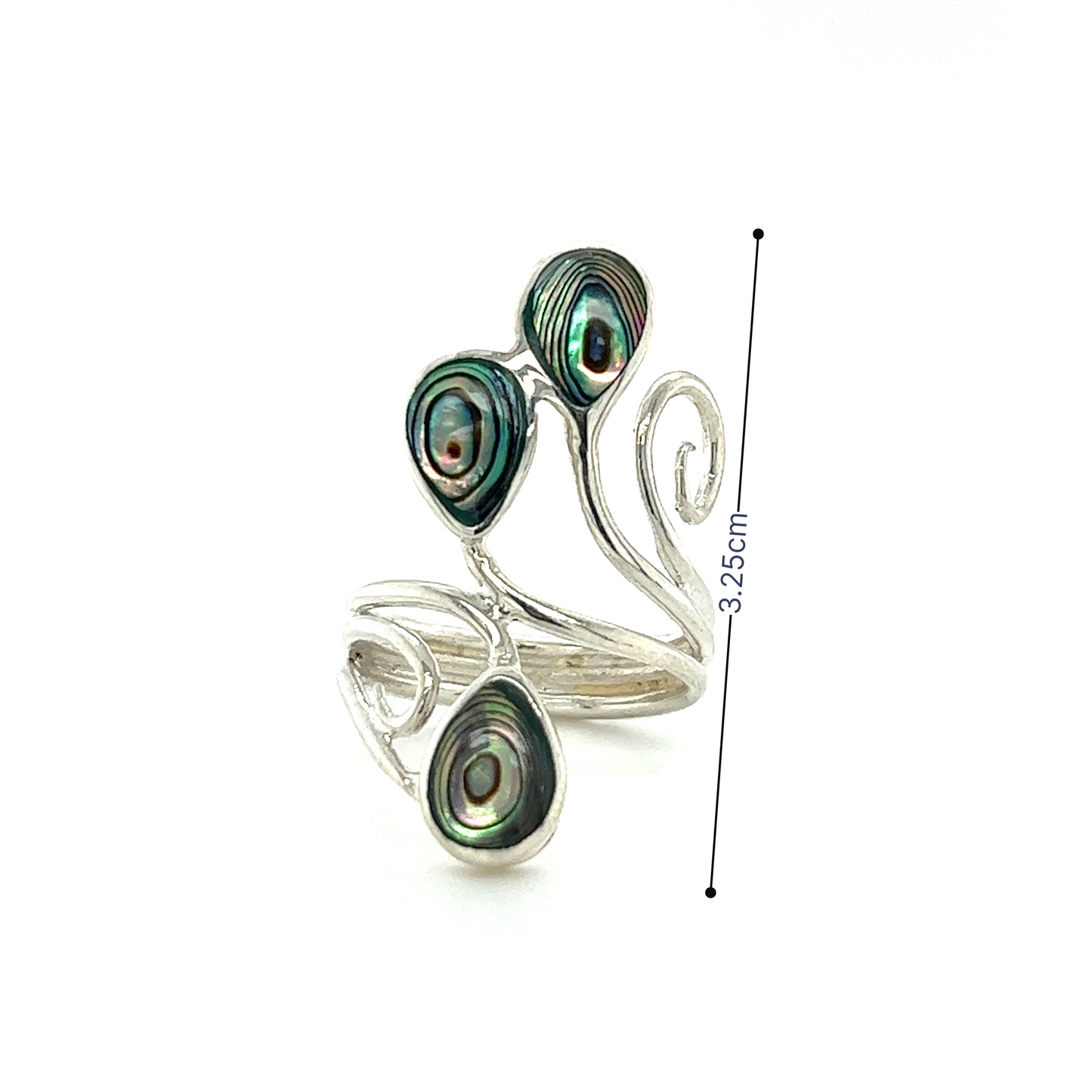 A Super Silver Swirl Freeform Abalone Ring with three abalone shells on it.