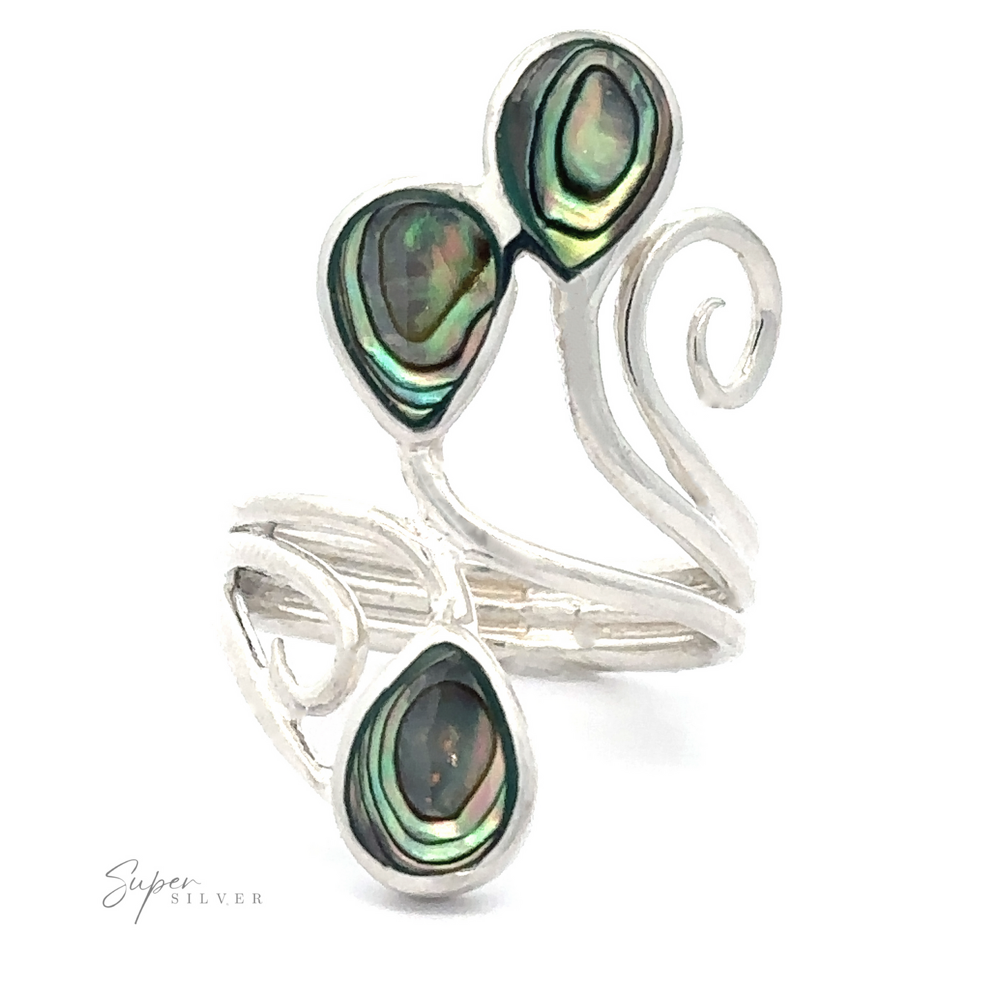 Swirl Freeform Abalone Ring with three .925 Sterling Silver abalone shell inlays.