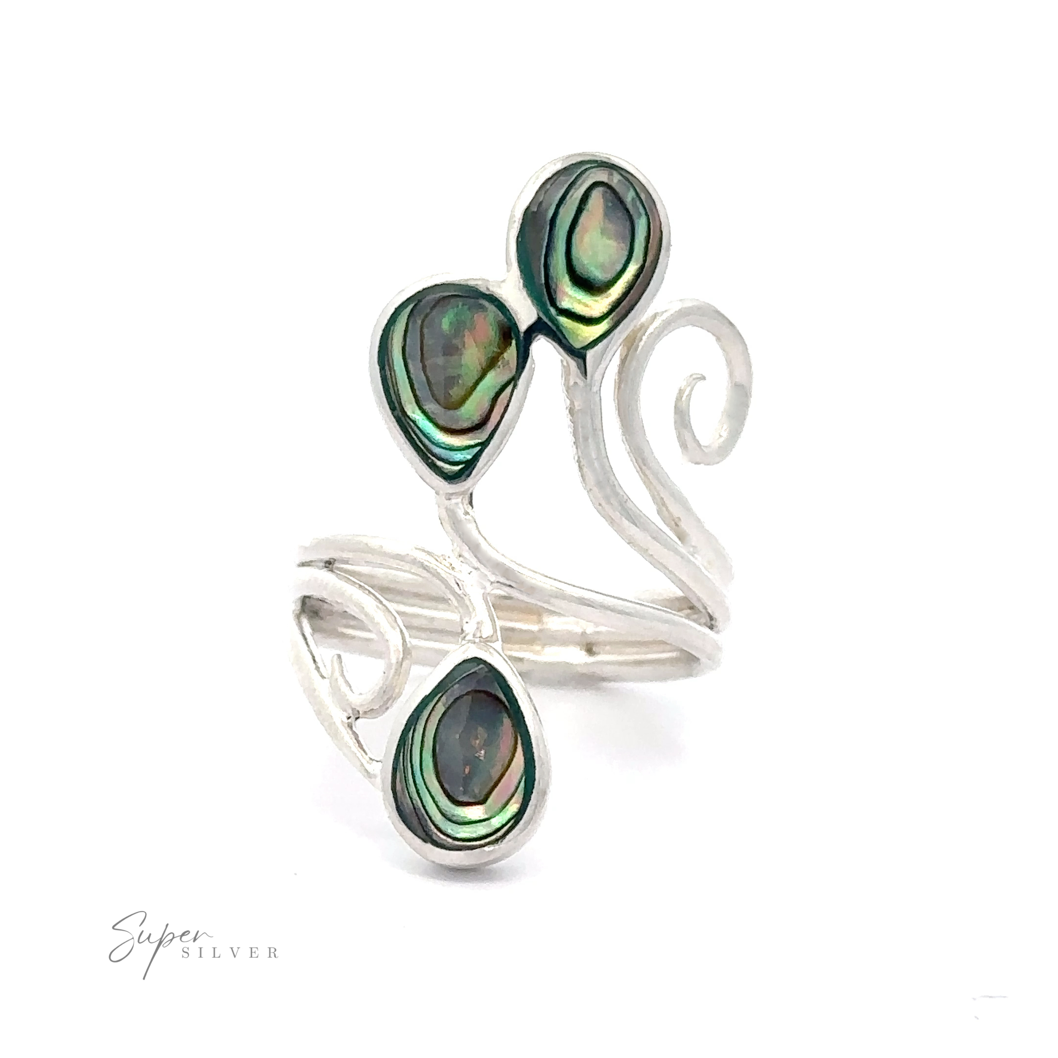 Swirl Freeform Abalone Ring with dual abalone shell inlays and swirl design.