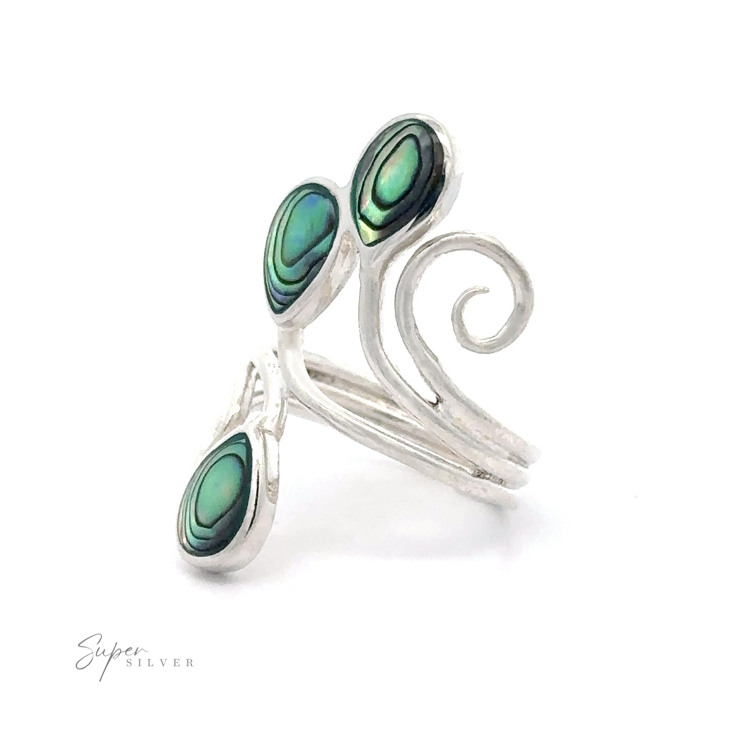 A Swirl Freeform Abalone Ring with three abalone shell inlays displayed against a white background.