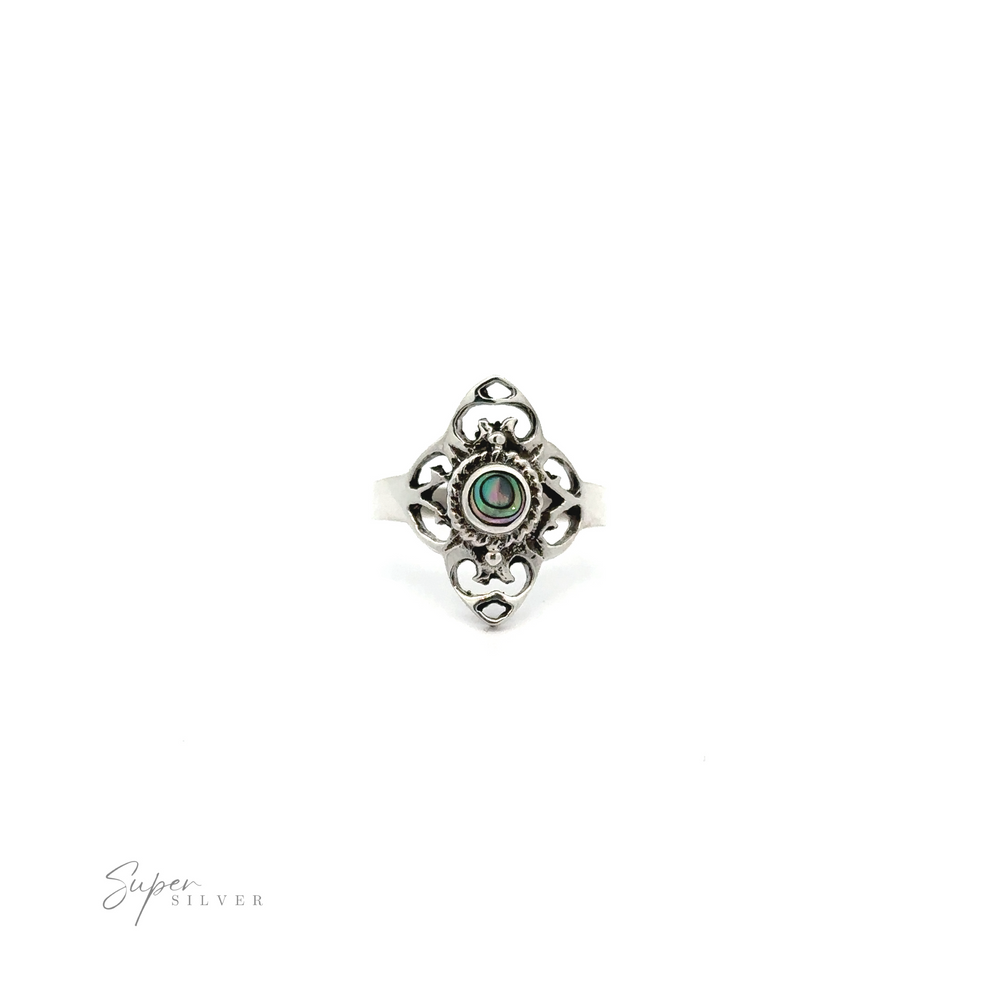 
                  
                    A silver ring with a Filigree Inlaid Stone Ring.
                  
                